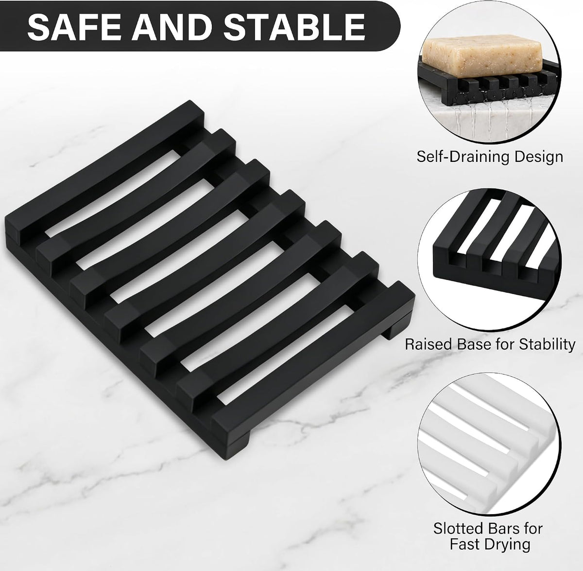 Slotted Silicone Soap Dish 2 Pcs, Self Draining Soap Holder with Raised Bar Design, Non Slip Soap Saver Tray, Quick Dry Soap Dish for Bathroom Kitchen Sink Shower, Black & White