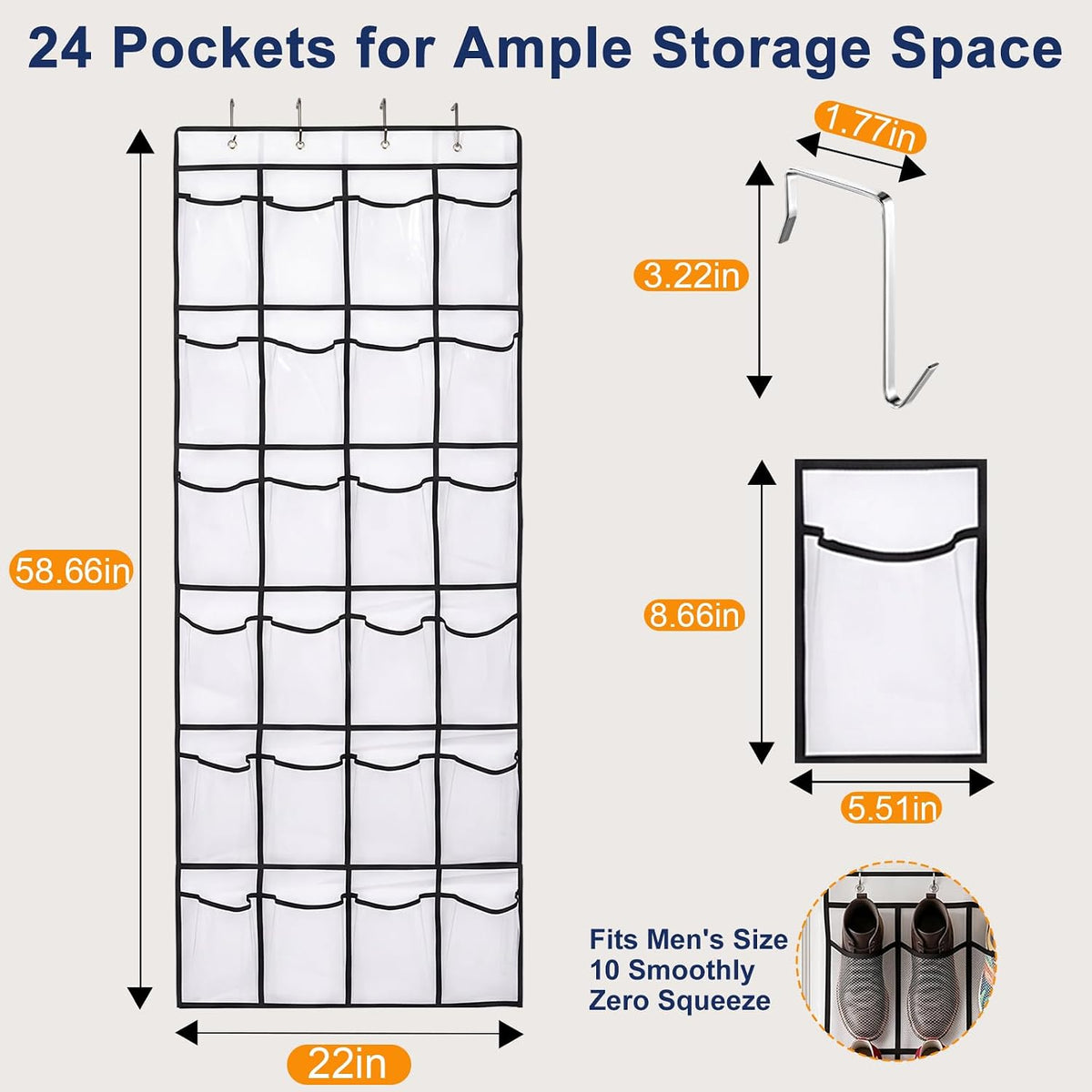 Over The Door Shoe Organizer 24 Clear Pockets Heavy Duty Hooks
