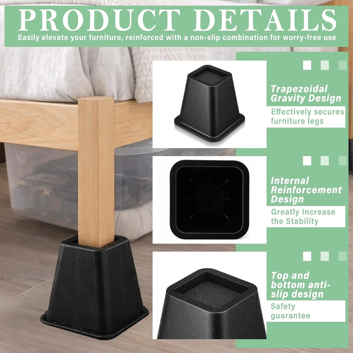 Novabright 6 Inch 4 Pack College Dorm Bed Risers,Black