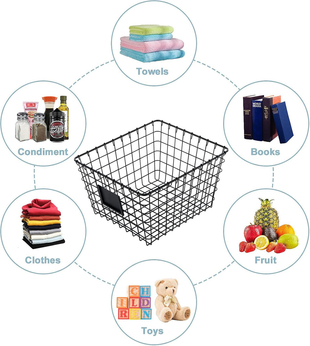 JUNCHU CHERRY 4 Pack【Large】 Wire Handmade Storage Basket for Organizing Household Goods,Pantry Organization,Bathroom countertop,Laundry,Wardrobe Storage Basket,Black