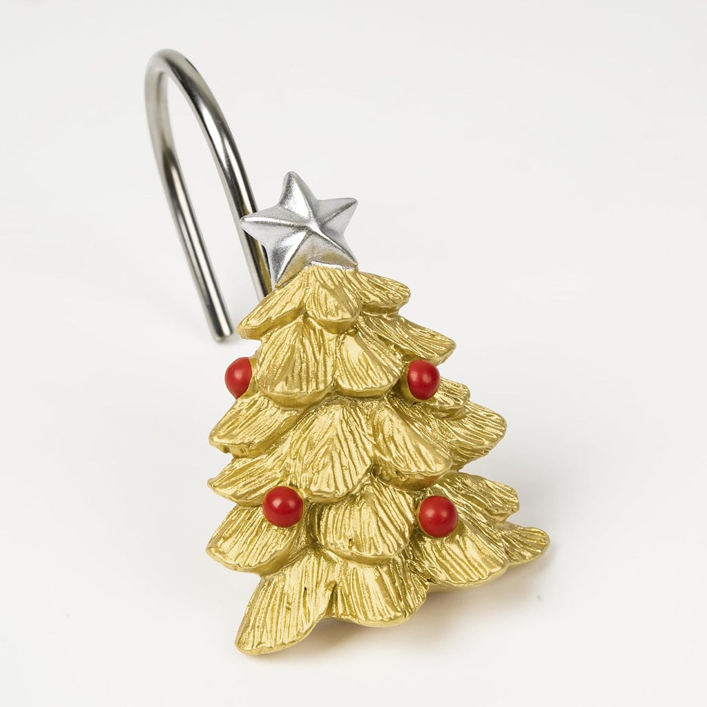 Sunlit Gold Christmas Tree Decorative Shower Curtain Hooks with Star, Shower Curtain Rings, Resin, Xmas Theme Winter Holiday Bathroom Decoration, Set of 12, Golden Tree with Red Balls Ornaments