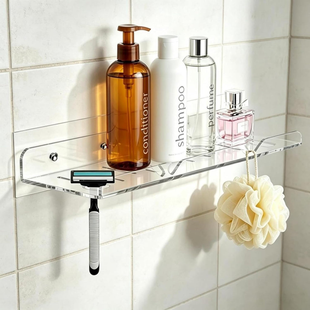 Corner Shower Caddy Shelf Rack 2 Tier Adhesive Shower Organizer Essentials - No Drilling Acrylic Bathroom Storage Rack with Hooks No Drilling Shelves (12"x4" 2 Tier Clear)
