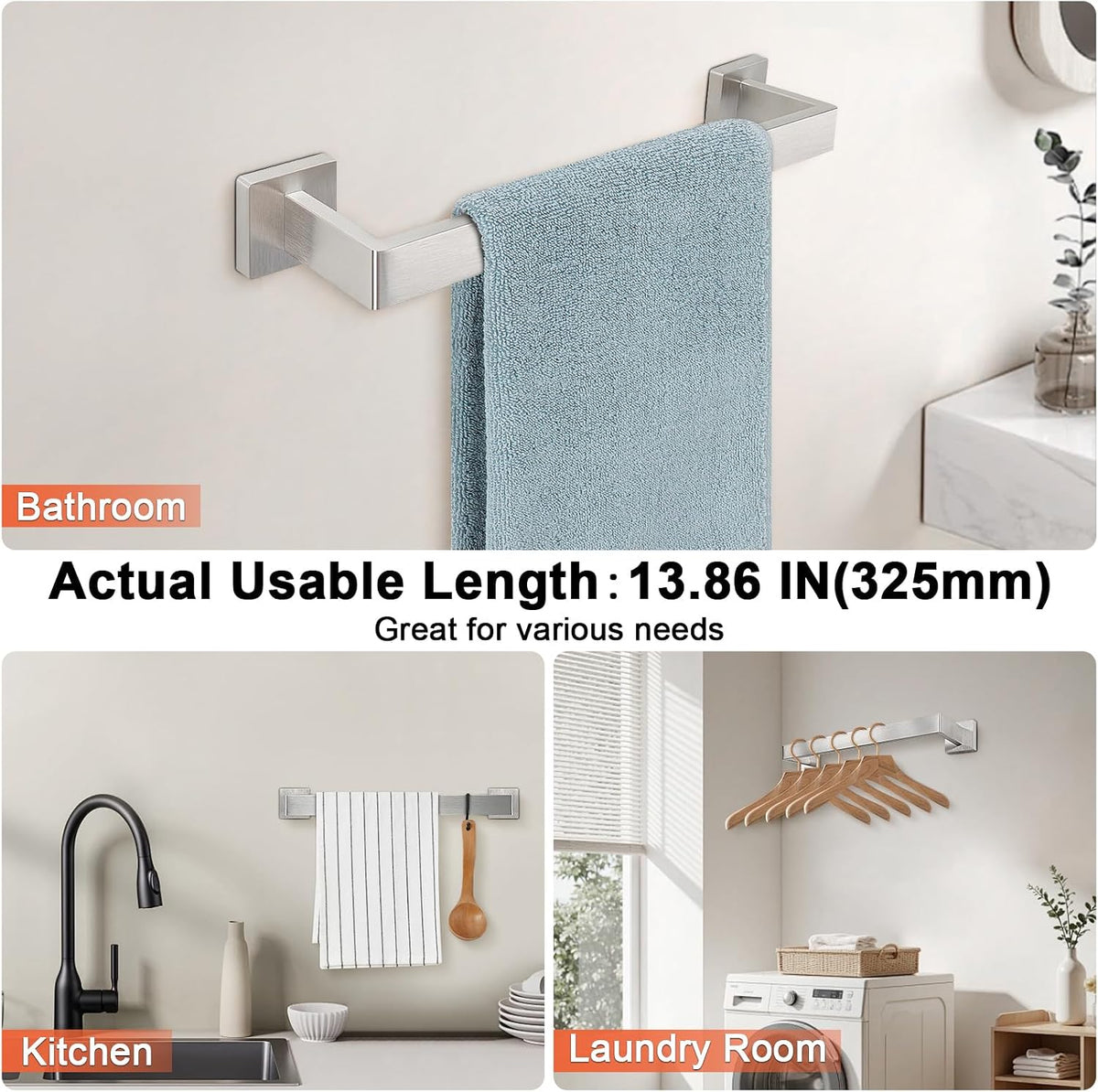 Towel Bar for Bathroom, 16 Inch Stainless Steel Bath Towel Rack Wall Mounted Towel Holder Hardware Accessory (Brushed Nickel)