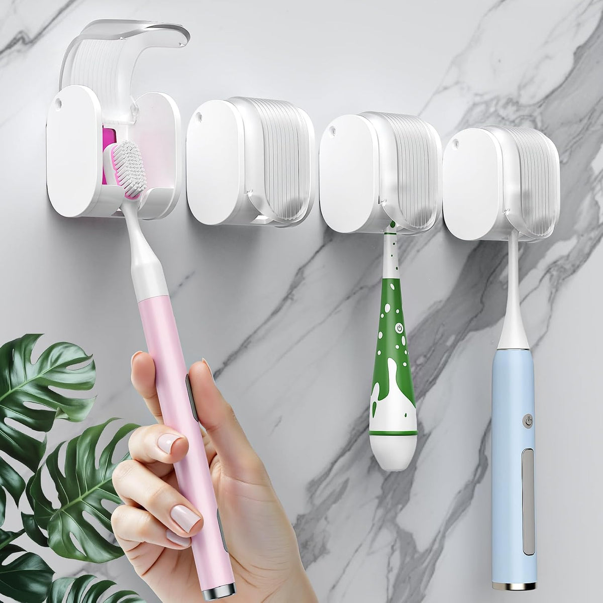 4 Pcs Toothbrush Holders Wall Mounted, Single Slot Design, Shower Self Adhesive Wall Mounted Toothbrush Holder with Cover, Waterproof and Dustproof, Suitable for Bathroom, Family, Travel (Transparent)