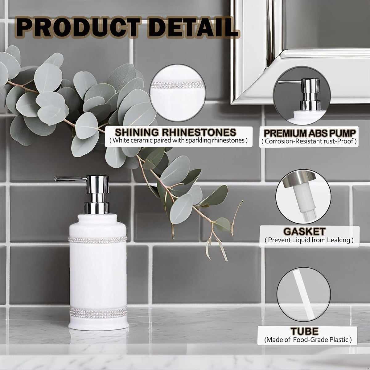 17 OZ Hand Liquid&Lotion Soap Dispenser Pump Bottle Ceramic White for Kitchen Bathroom Countertop Laundry Room Holds Dish Soap Shampoo Laundry Liquid Shower Gel (Inlaid Rhinestone) (White1)