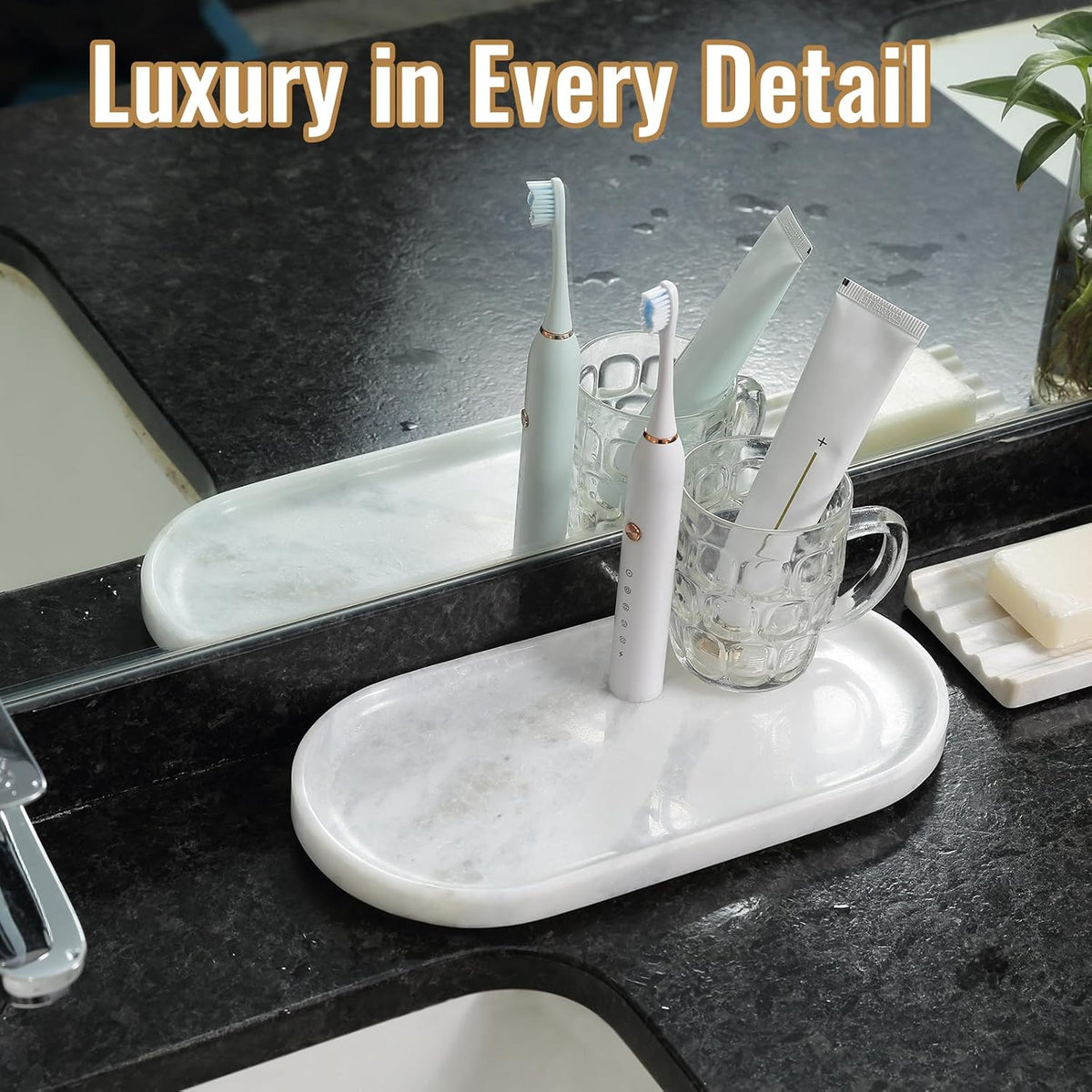 Koville African Natural Marble Decorative Tray, 12"x6" - Countertop Organizer, Catchall Tray for Perfume, Candles, Jewelry