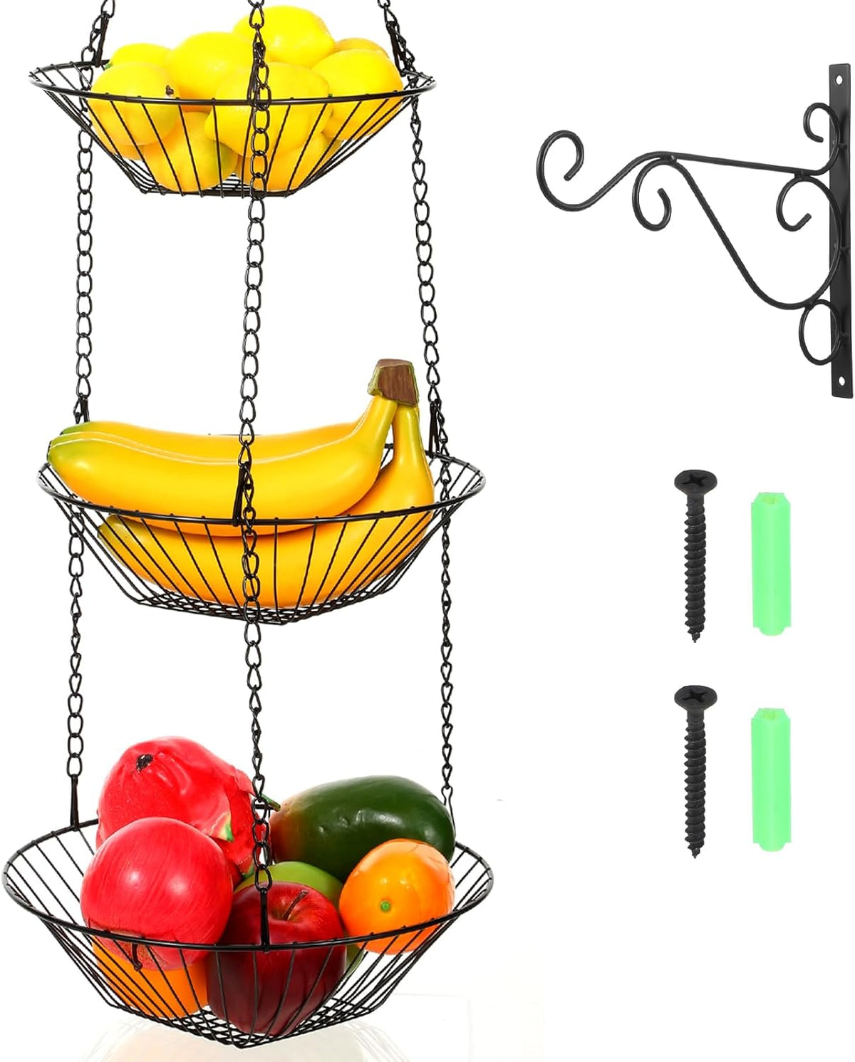 3 Tier Hanging Fruit Basket with Banana Hook, 34-Inch Heavy-Duty Wire Hanging Basket, Wire Vegetable Produce Organizer with Installation Bracket for Kitchen Storage Potato Vegetable