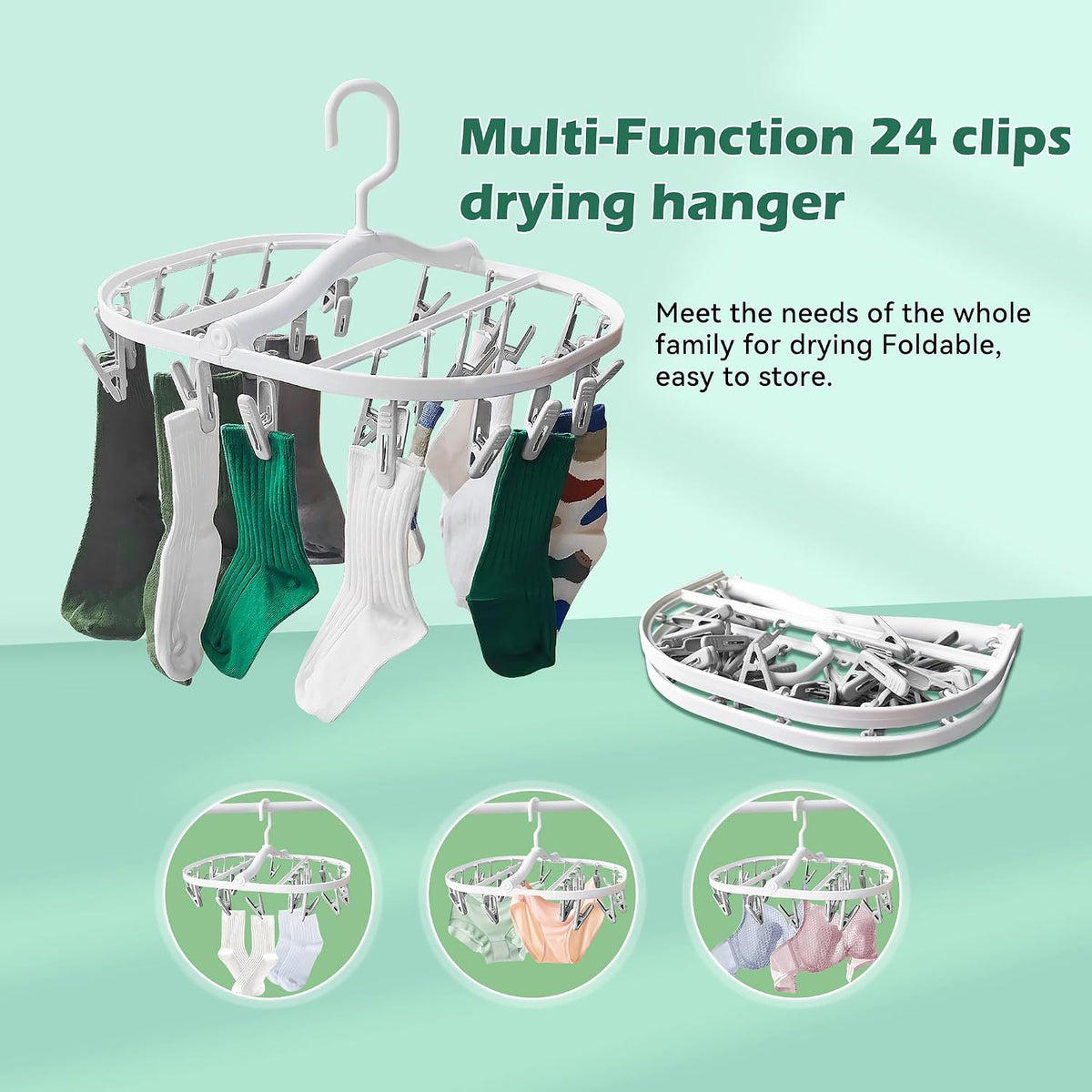 Premium Foldable Clothes Drying Hanger with 24 Clips, Anti-Rusty Plastic Drying Rack for Socks, Lingeries, Delicates and Baby Clothes (Grey)