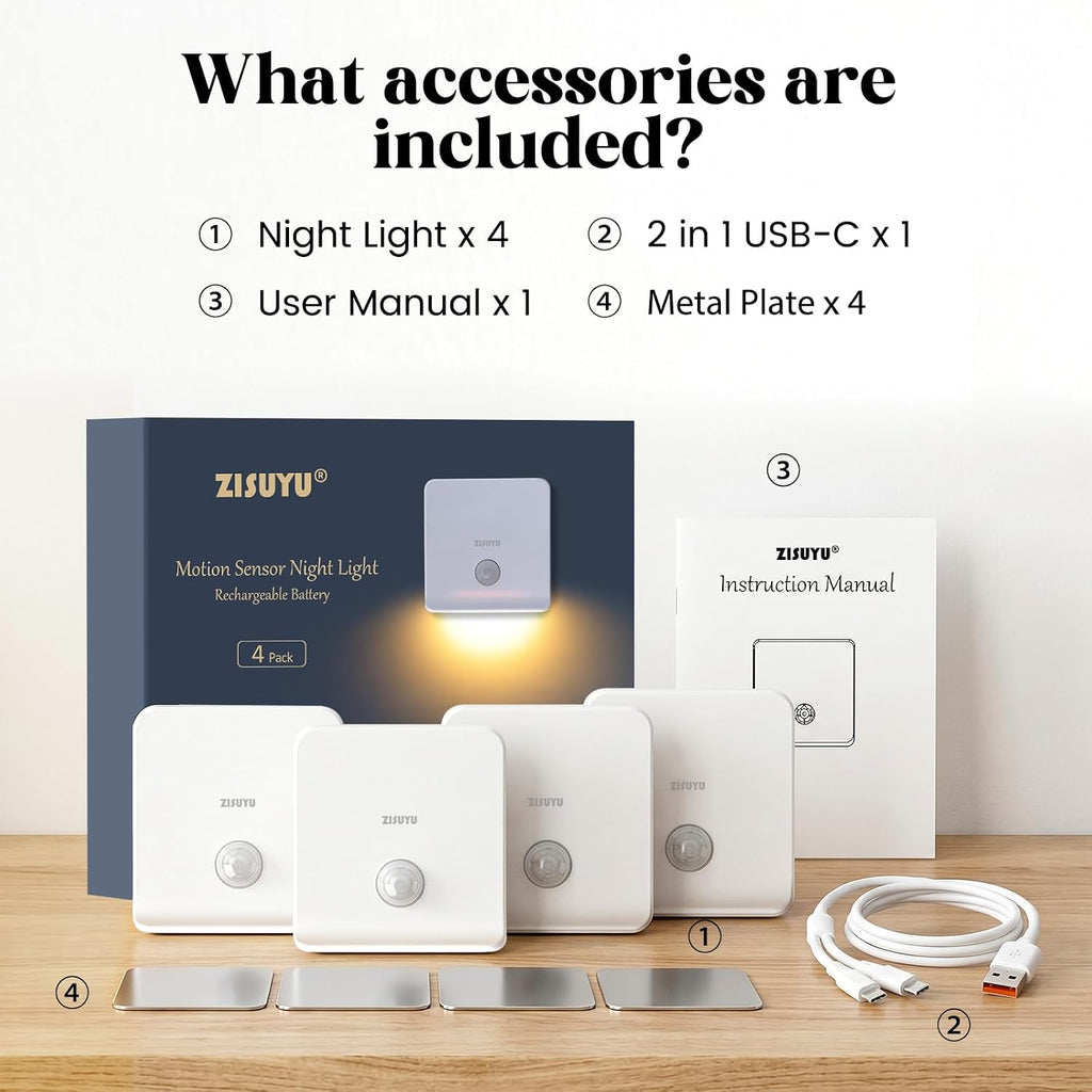 ZISUYU Rechargeable Motion Sensor LED Night Light, Step Light, 3000K Warm