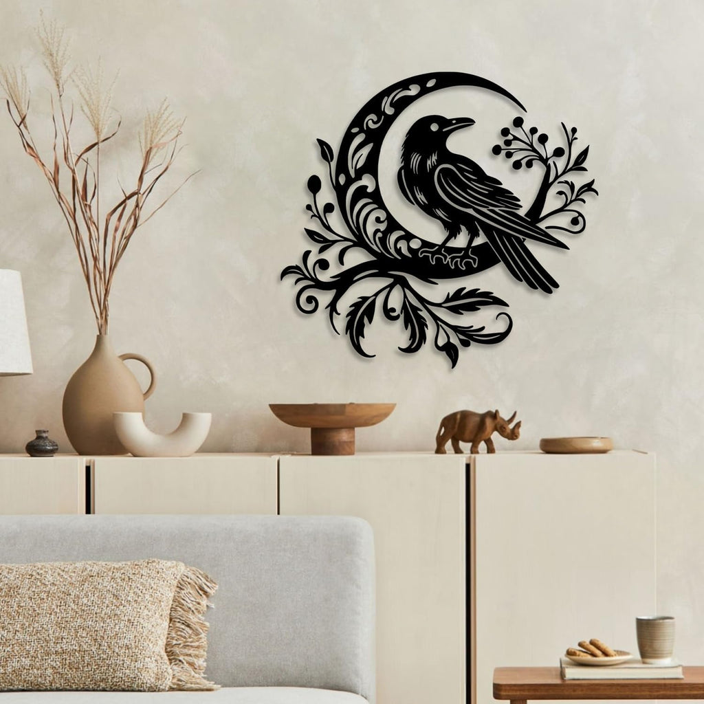 LIYOUYA Crow Moon Flower Metal Wall Decor - Nordic Gothic Style Room Decor Black Wall Art Home Decor for Living Room, Bathroom, Bedroom, Dining Room (Black)