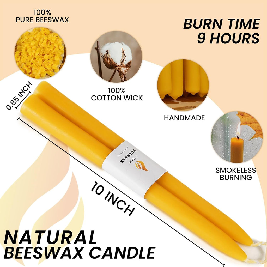 20-Pack 10" Natural Yellow Pure Beeswax Taper Candles, Dripless & Smokeless