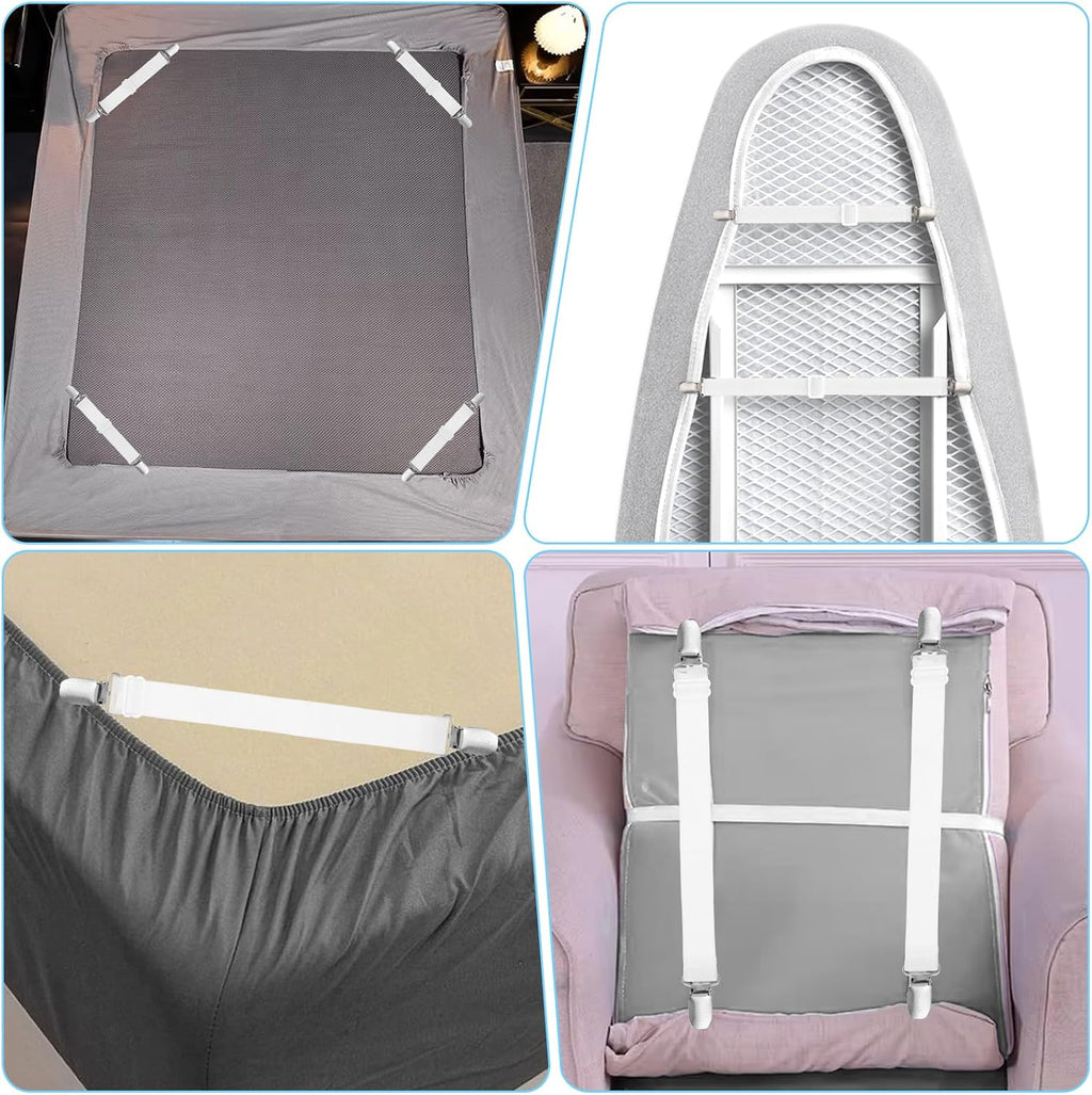 Ironing Board Cover Fasteners Binding 4 PC Elastic Straps Clips Keep Cushions From Sliding Sheet Fitted Suspenders Holders For Corners Couch Cover Stays Bands Garter Clamps Strap End Binding Tightener
