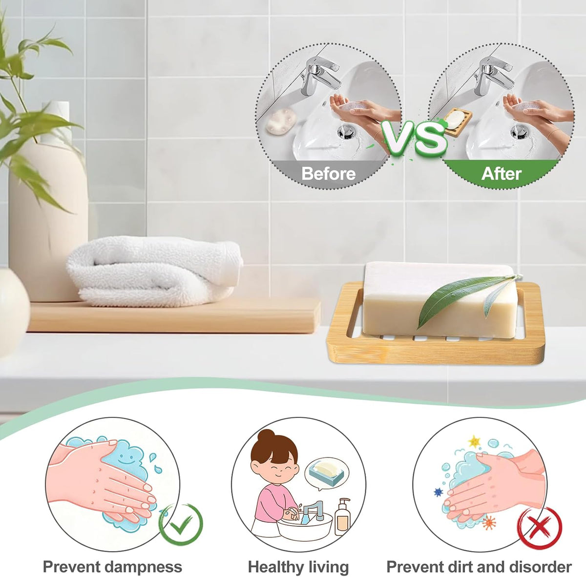 Wooden Soap Dish, Bamboo Soap Holder for Shower, Self Draining Tray