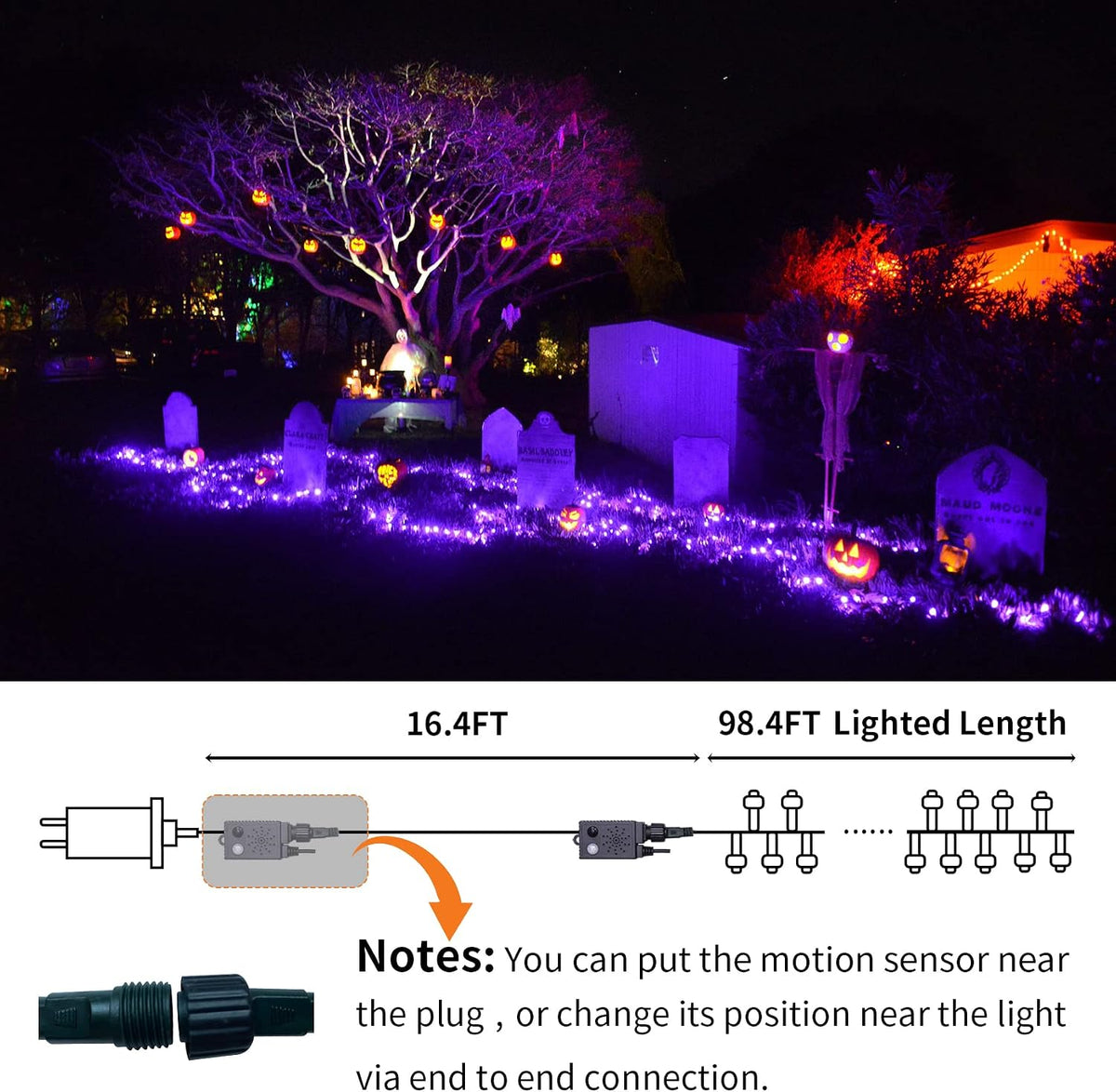 Rotu Halloween Lights Outdoor 114.8 ft 300 LED String Lights with Music Sync Spooky Sounds Halloween Decorations Fairy Lights Indoor Waterproof for Yard Porch Haunted House Decor (Purple)