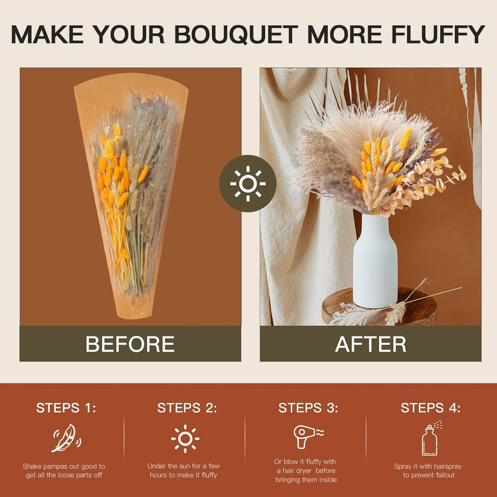 HUMINBO Fall Decor Autumn Decorations for Home - Boho Flowers Orange Pampas Grass Decor Fluffy Dried Flower Bouquet Dry Pompas 17"-95-Pcs Pompous (2 Pack)