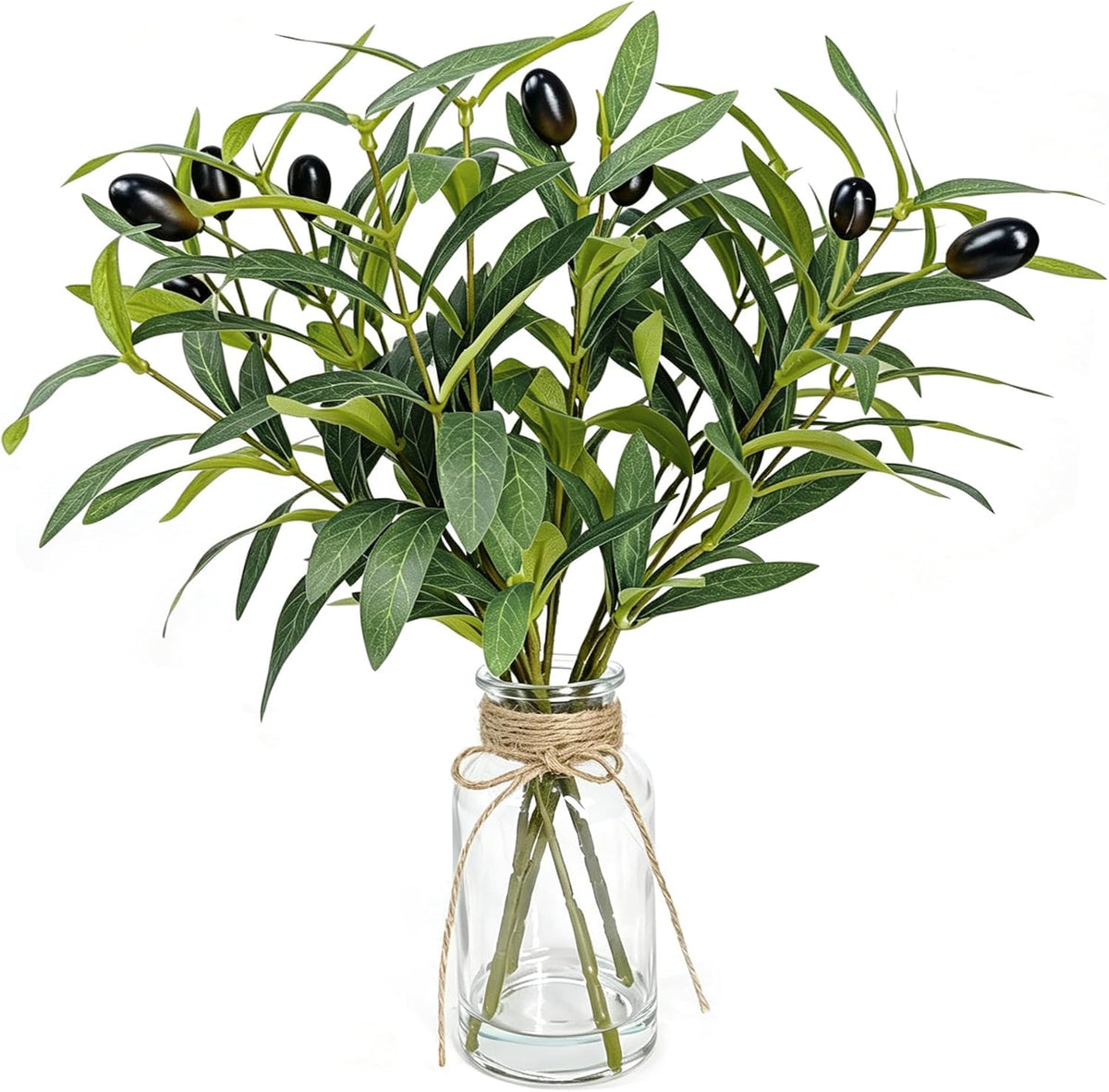 Artificial Olive Branches in Glass Vase with Faux Water,13.5" Fake Plants for Bathroom Shelf Decor, Farmhouse Centerpieces for Tables, Small Desk Plants for Home Office Decor (Olive Branches)