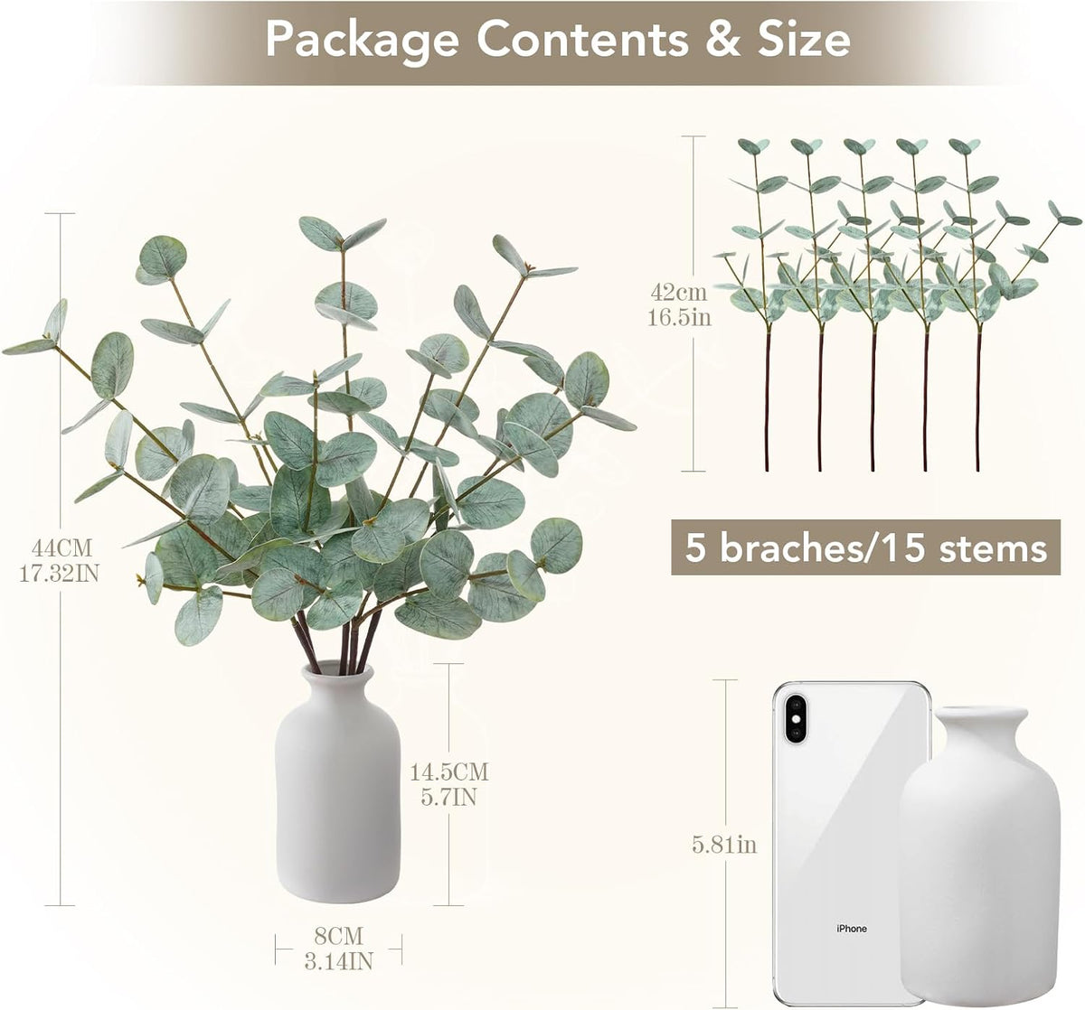 dallisten 17''Artificial Eucalyptus Stem Fake Plants Indoor Small with Vase