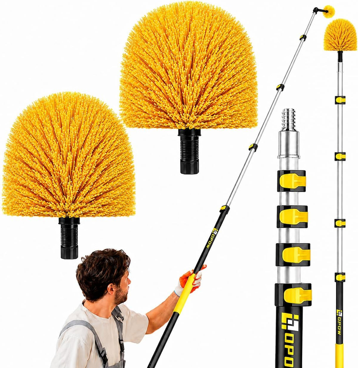 30ft High Reach Cobweb Duster with 6-24ft Extension Pole and 2 Brush Heads