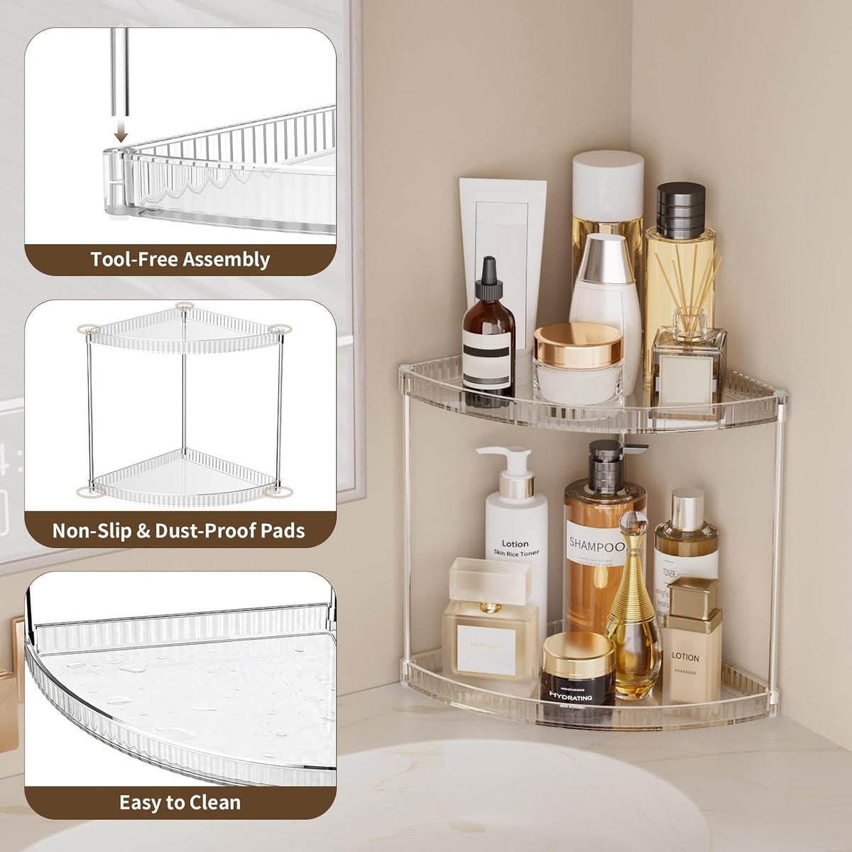 2 Tier Corner Bathroom Counter Organizer, Clear Vanity Makeup Storage Shelf