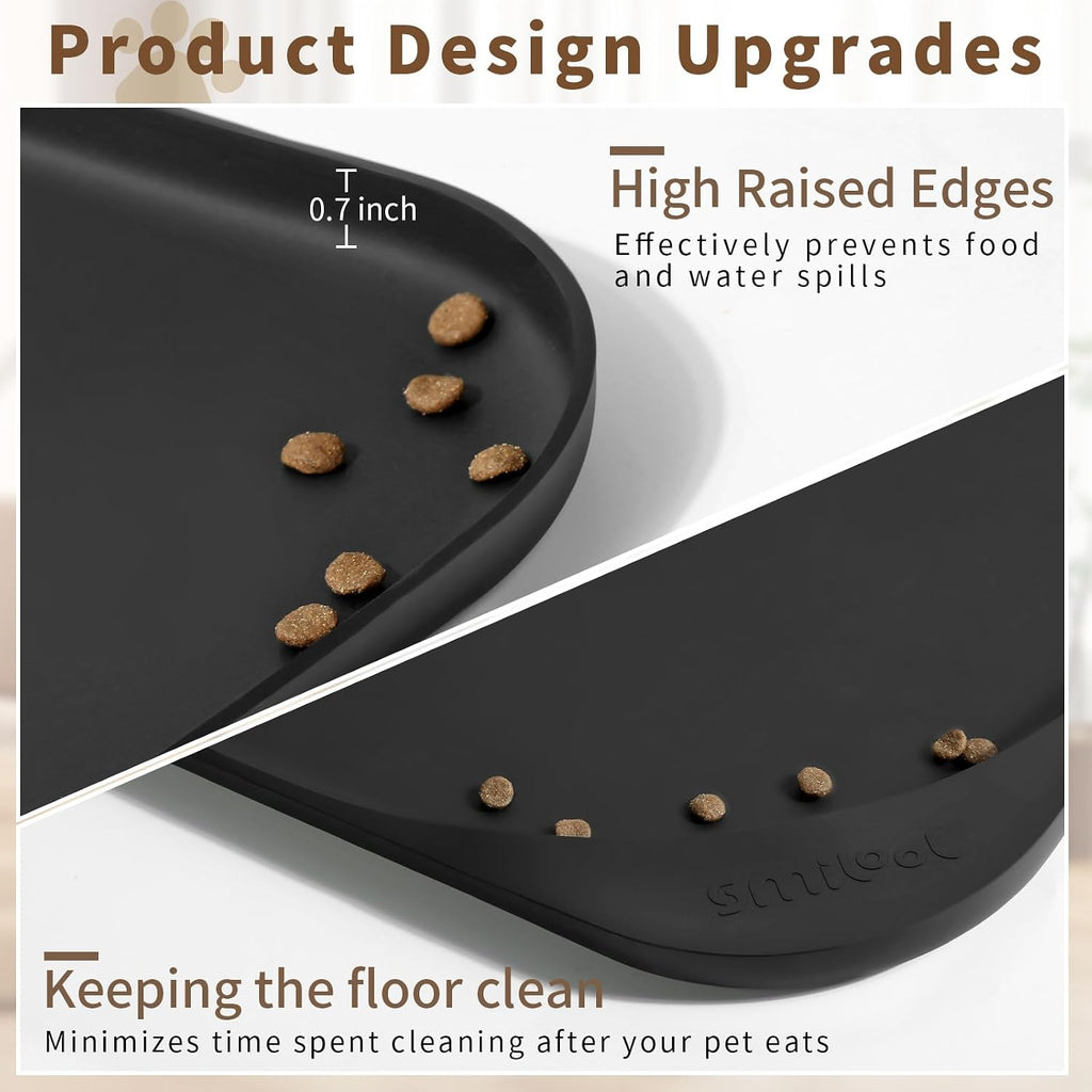 Smilool Silicone Pet Food Mat with Raised Edge for Food and Water Bowl, Dog Feeding Mats, Cat Food Trays for Floor Waterproof, Rubber Tray for Dogs and Cats, 19 x 12 x 0.7 Black
