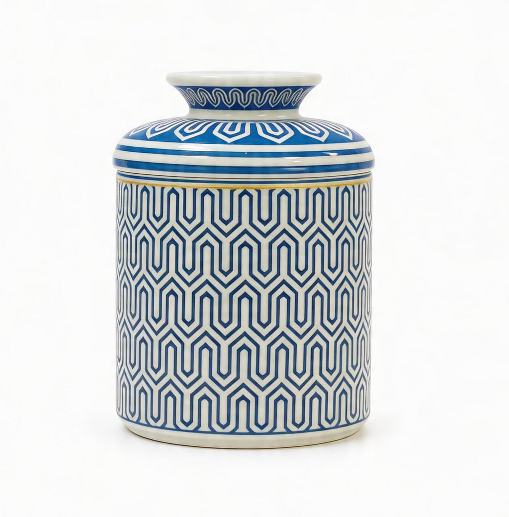 Ceramic Round Tissue Box Cover Aesthetic Tissue Box Holder Decorative for Bathroom, Home Décor,Vanity Countertop,Night Stands,Office Desk-4.9x6.7in,Line B Blue