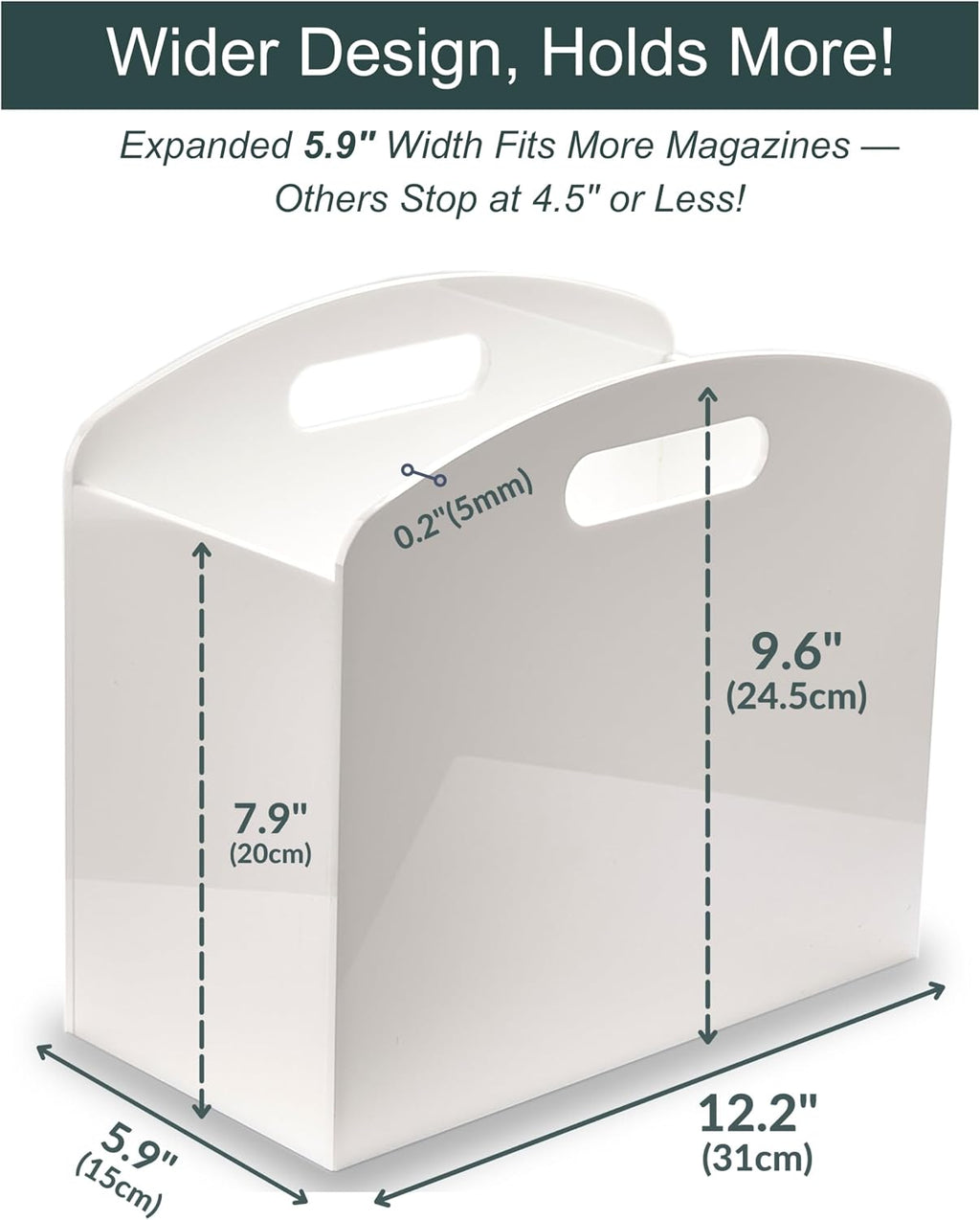 White Magazine Holder - Acrylic Magazine Rack Floor, Newspaper Stand with handles, Modern Lucite Magazine and Book Basket Box for Bathroom, Bedroom, Living Room