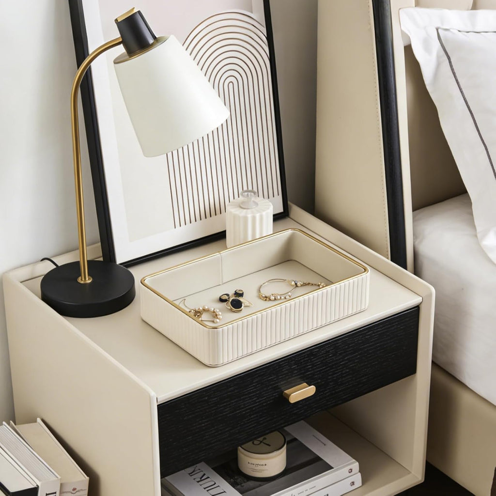 PU Leather Valet Tray,Desk Organizer Tray Nightstand Organizer Trinket Dish Storage Key Bowl Decorative Trays for Phone Wallet Jewelry Watch,Bathroom Bedroom Perfume Vanity Trays,Beige