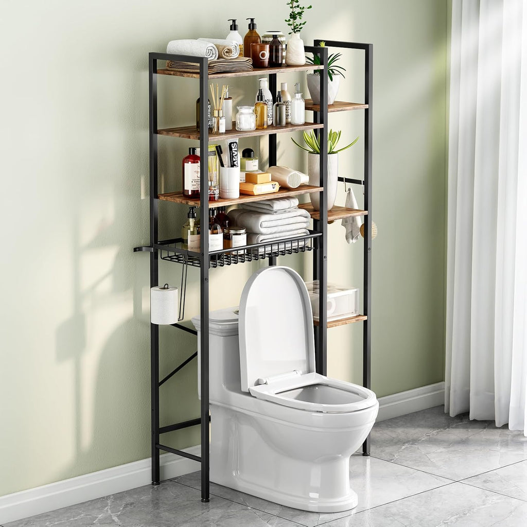 Kalrin 8-Tier Over The Toilet Storage with Side Rack, Over Toilet Storage Rack with Adjustable Shelf & Drain Basket, Freestanding Bathroom Organizer for Balcony, Laundry (Vintage Brown)