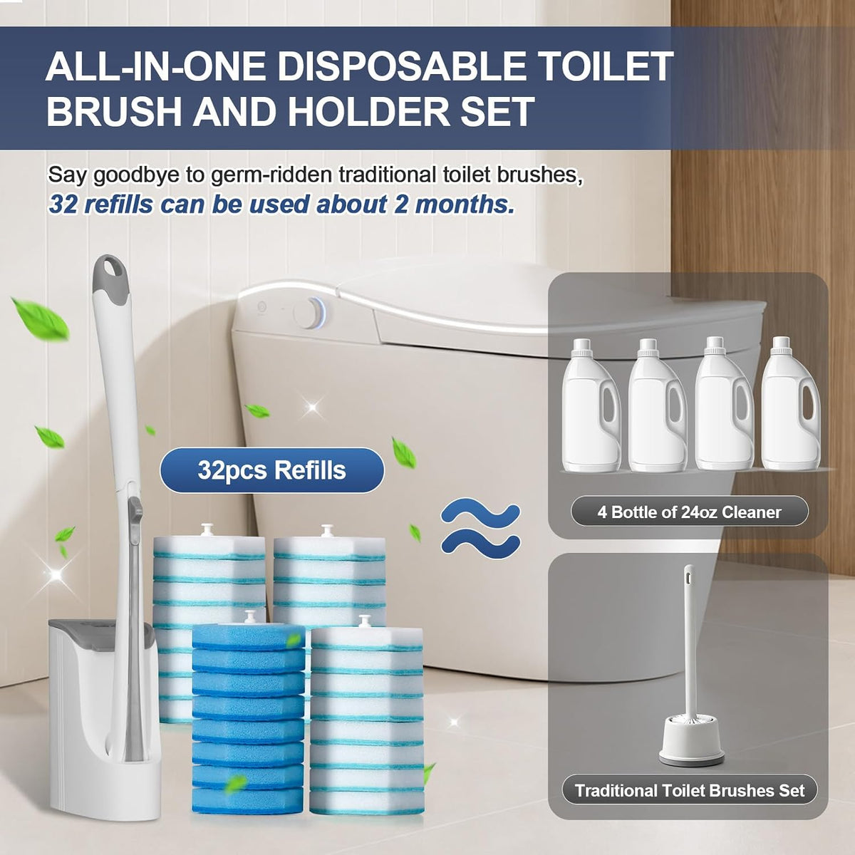 BOOMJOY Disposable Toilet Brush with 32 Toilet Bowl Cleaners Wand Refills