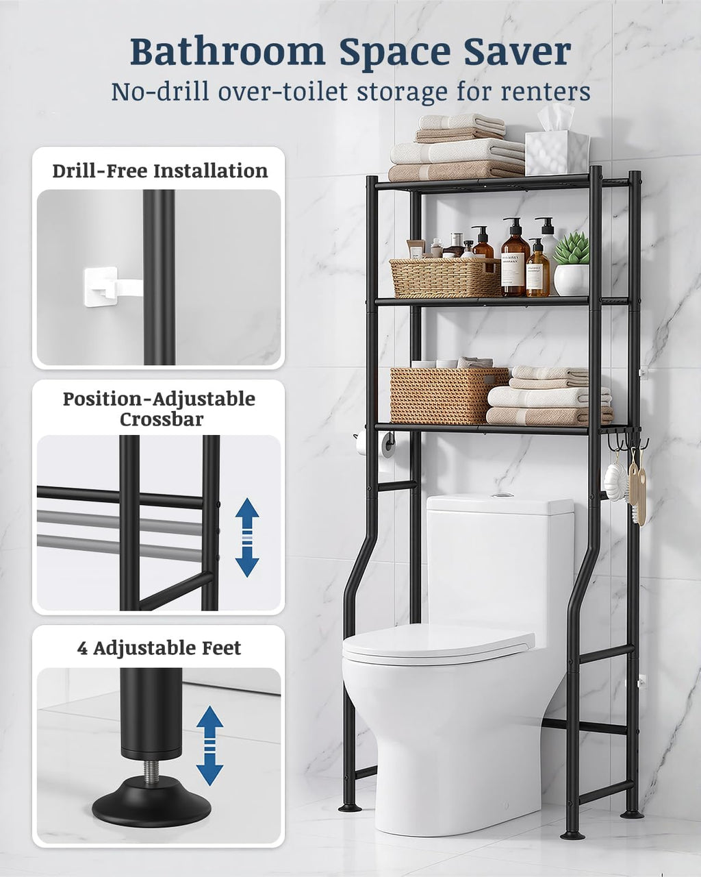 GloTika 3-Tier Over Toilet Storage Cabinet, No Drilling, 64" H, Black