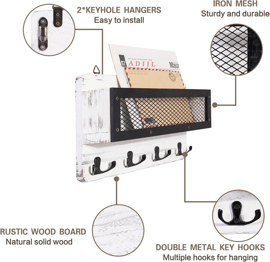 ADIIL Mail and Key Holder for Wall Decorative, Wooden Wall Mount Key Rack Hanger Organizer with 4 Double Key Hooks, Rustic Home Decor for Entryway Hallway, White