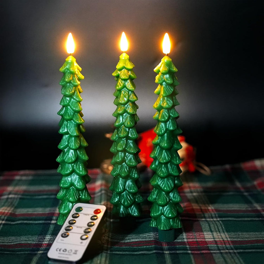 FPOO Waxy Christmas Tree Candles with Remote, Christmas Decorations Indoor, 3 PCS Real Wax Flameless Taper Candles Flickering, Green LED Candlesticks Battery Window Candle (9.5 inches)