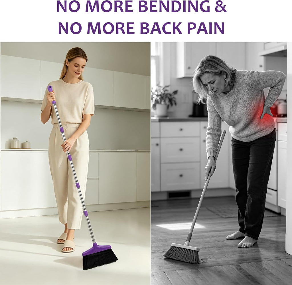 Broom and Dustpan Set with Long Handle, Light Weight Stainless Steel Poles Stand Upright Dustpans with Broom Combo for Home Kitchen Office Pet Dog Hair, 1-Pack (Purple)