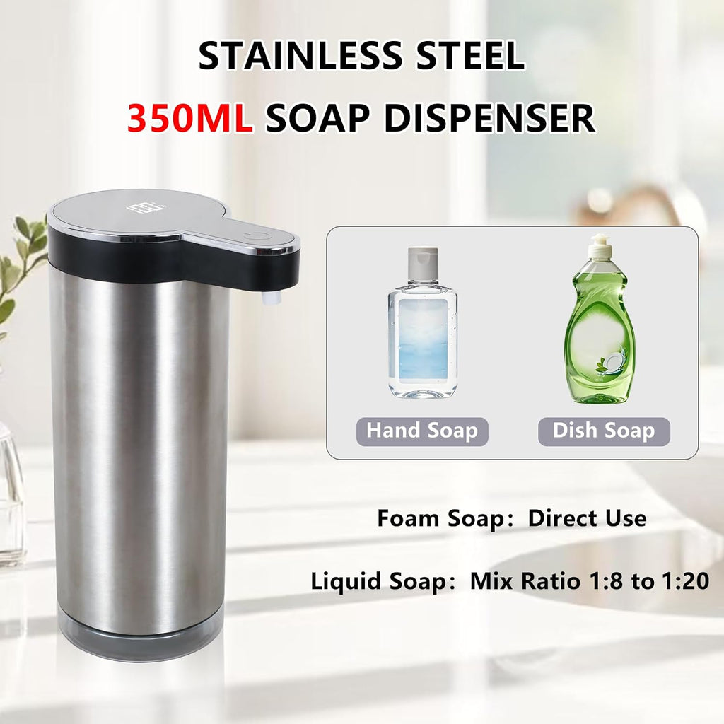 Automatic Foaming Soap Dispenser, Wall Mounted/Countertop Touchless 304 Stainless Steel Hand Soap Dispenser, Type-C Rechargeable LED Display, 4 Levels, IPX5 Waterproof, 12oz Kitchen/Bathroom, Black