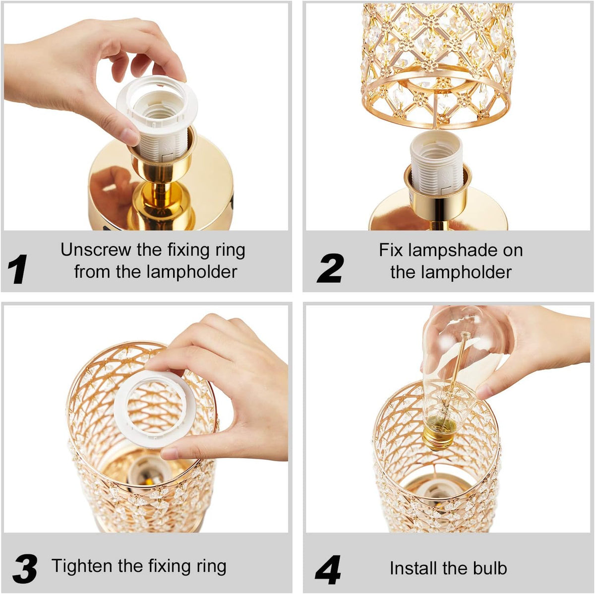 Hong-in Gold Crystal Touch Lamp for Bedroom with USB-C/A, Bulb Included