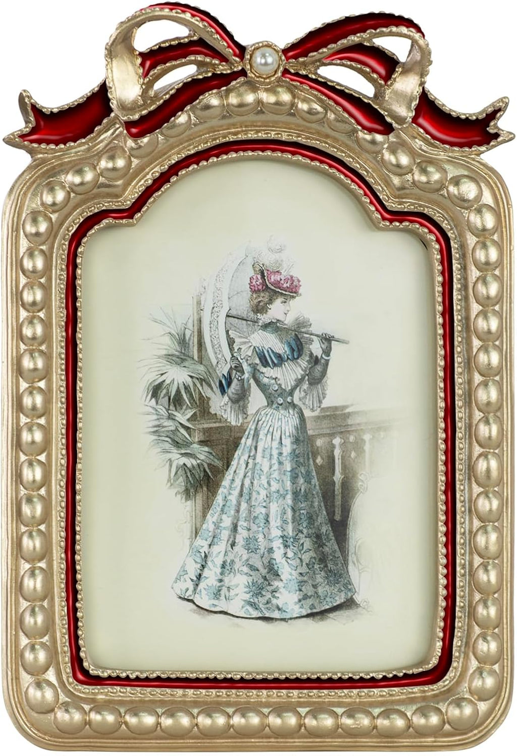 GUOER Vintage 5x7 Picture Frame with Bow Antique Ornate Table Top and Wall Mounting Photo Frame with High Definition Glass Front for Home Decor, Photo Gallery, Art(5x7, Gold & Red)