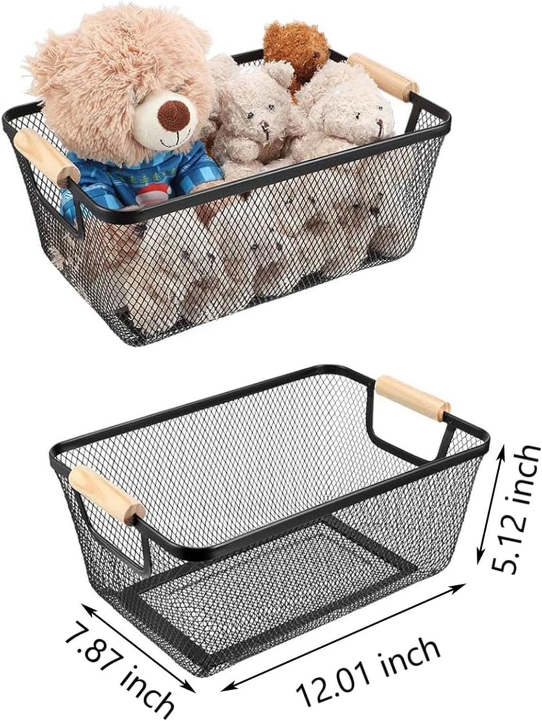 AJIODA Metal Mesh Steel Basket, Medium Wire Storage Organizer Basket Multi-function Hanging Kitchen Basket with Wood Handle for Kitchen Bathroom Picnic Home, Rectangle-Black