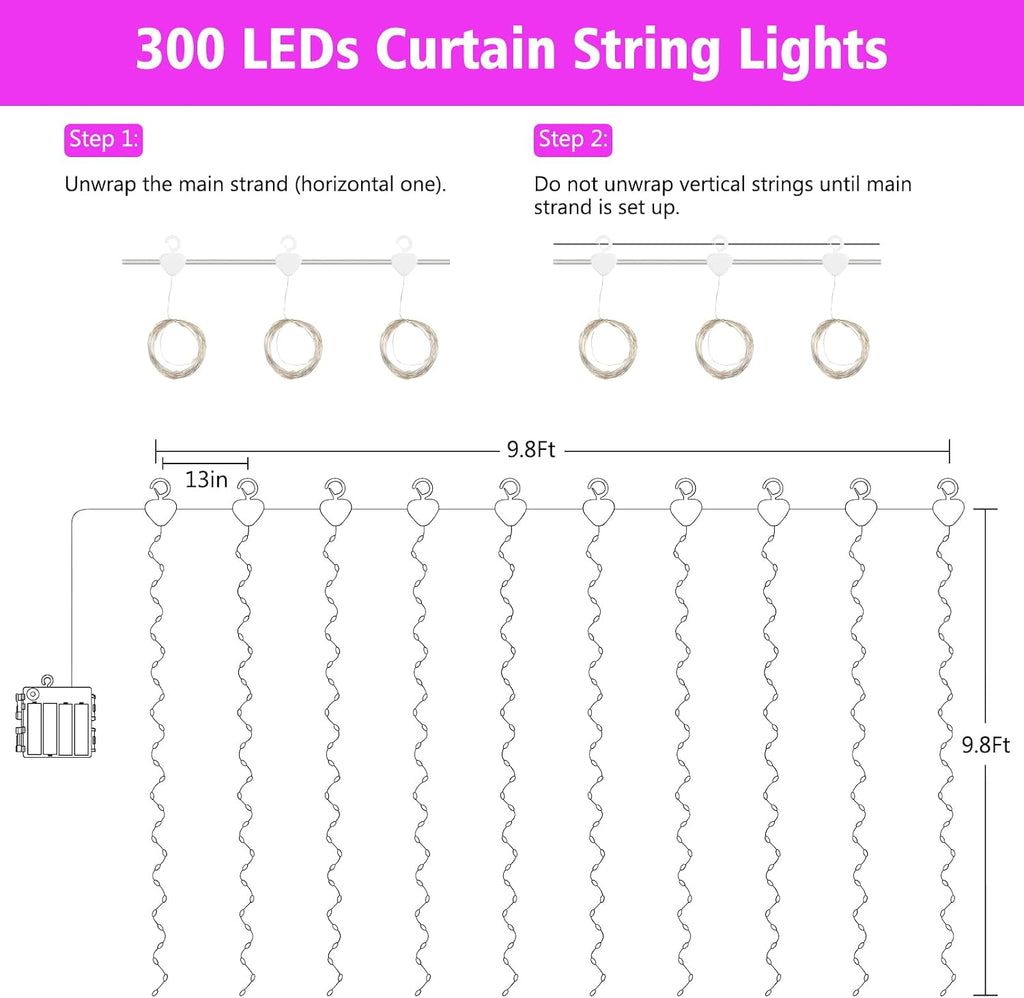 echosari Curtain Lights Battery Operated 9.8 x 9.8Ft with Timer Pink