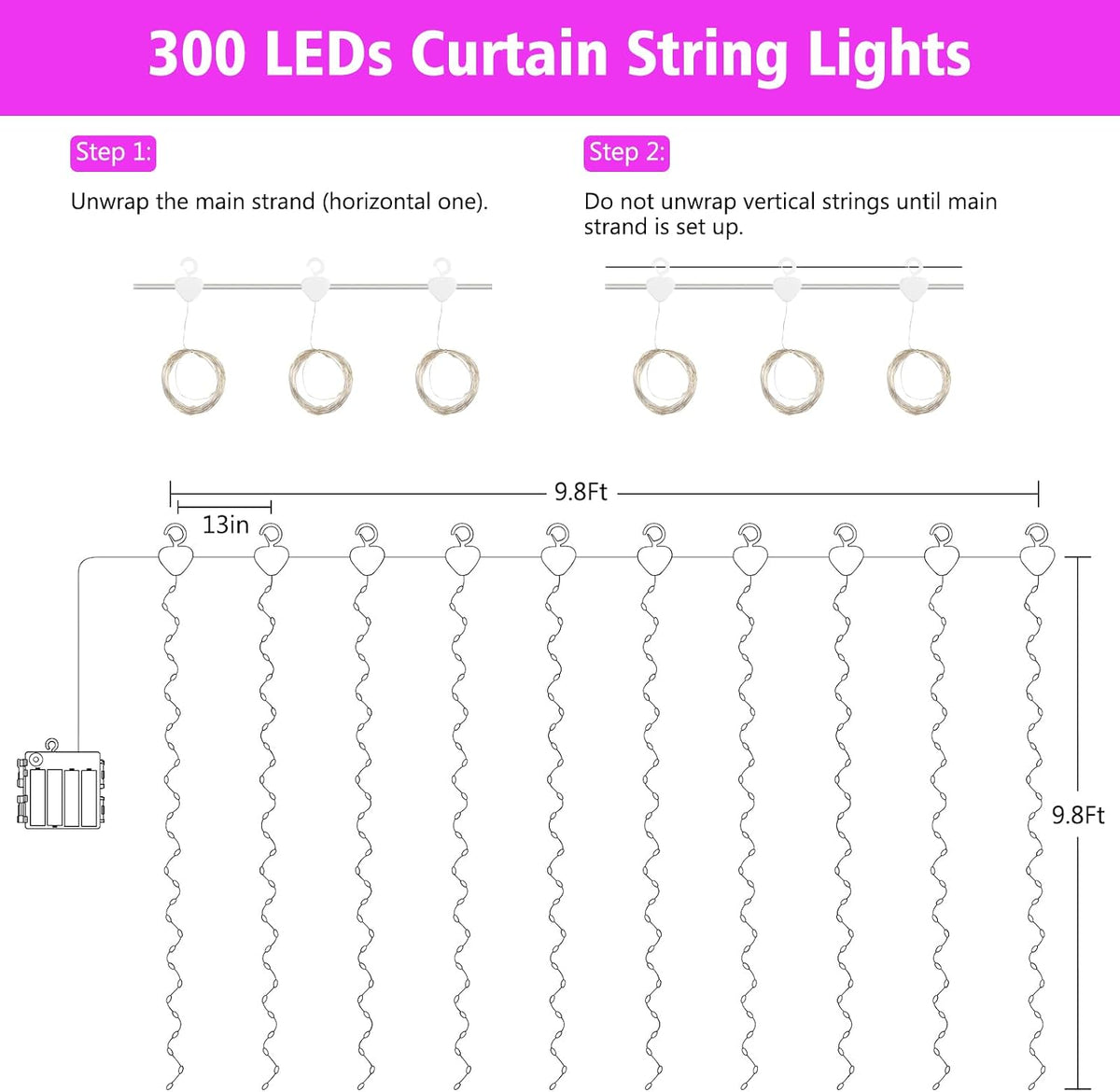 echosari Curtain Lights Battery Operated 9.8 x 9.8Ft with Timer Pink