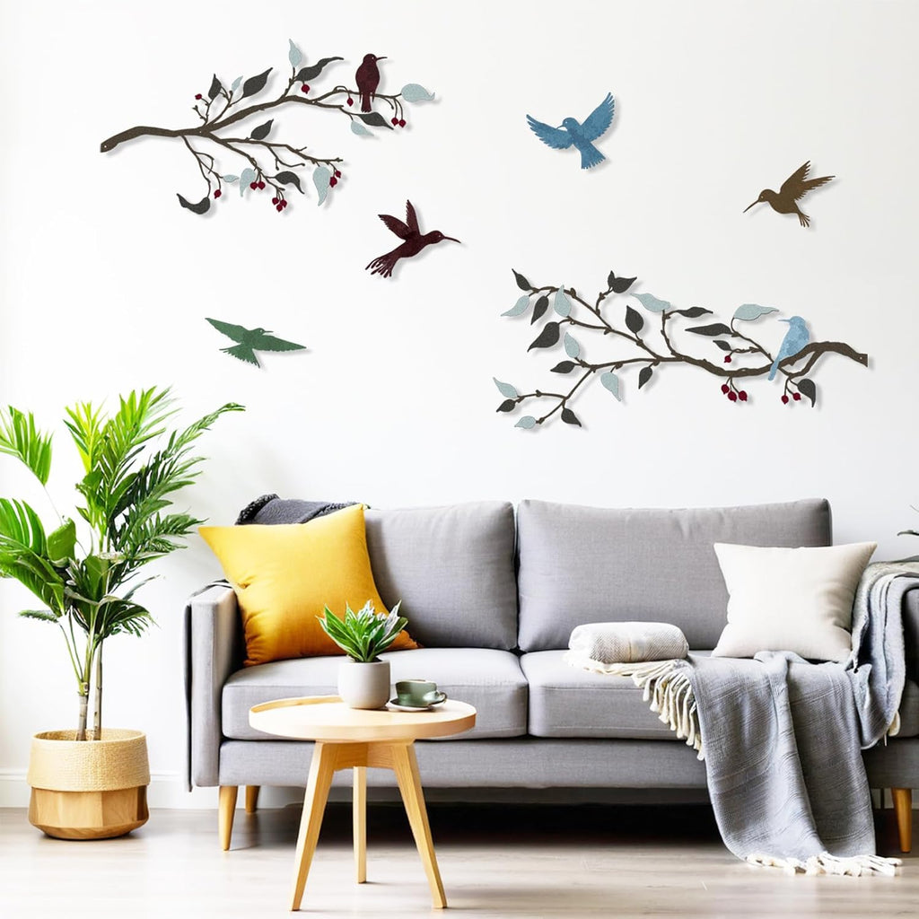 4PCS Metal Birds Wall Decor, Birds on the Branch Silhouette Art, Metal Leaves with Hummingbirds Outdoor Art Hanging Wall Sculpture for Home Office Balcony Garden Decor.（Colorful,Hummingbirds）