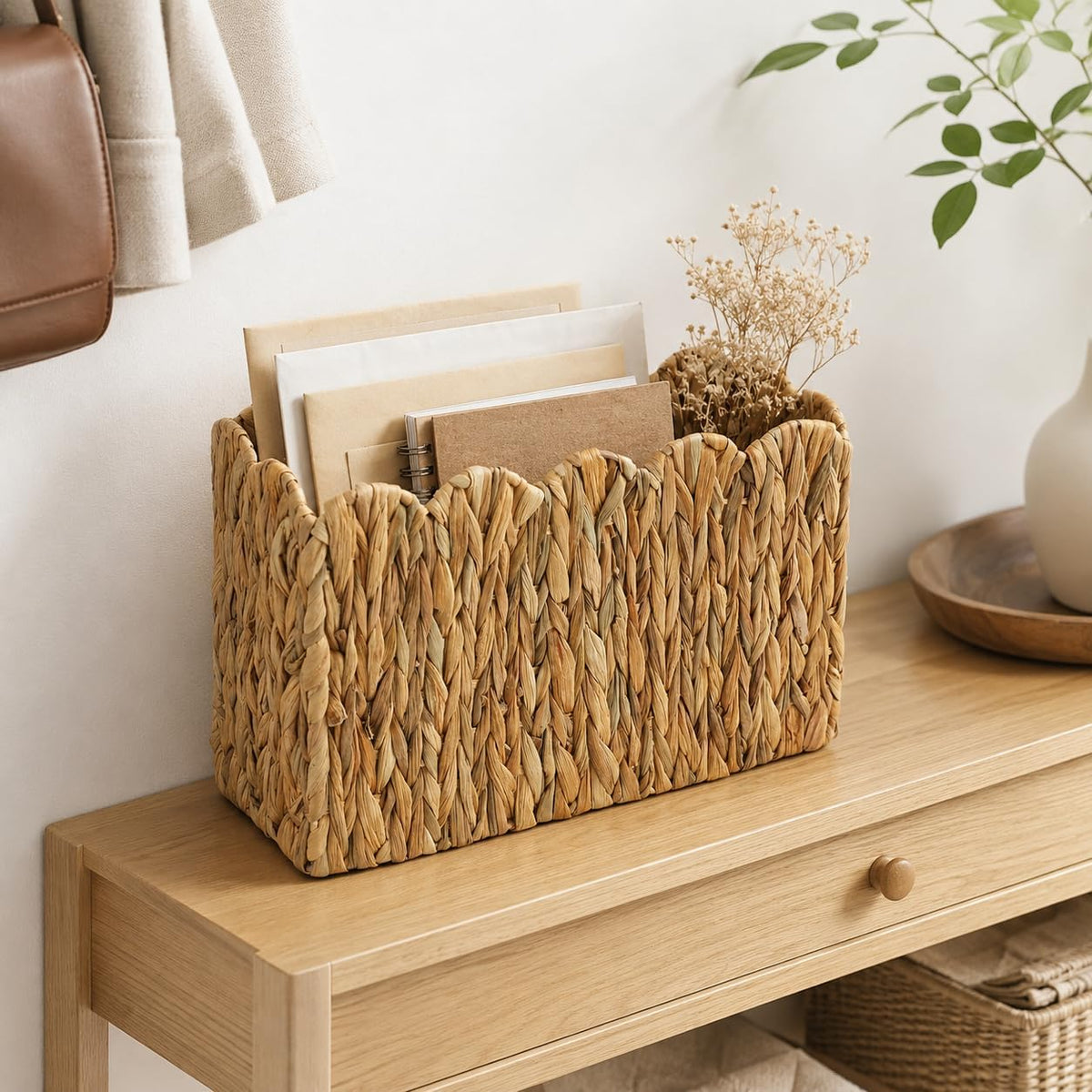 Water Hyacinth Magazine Holder, Tall Narrow Wicker Basket