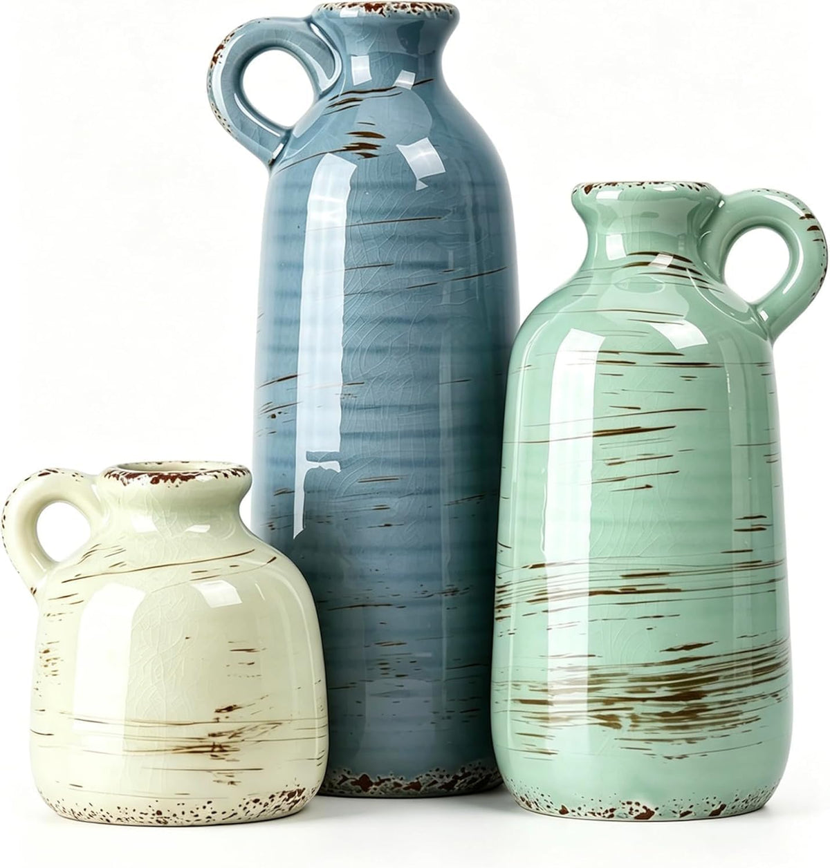 Ceramic Vase Set of 3, Vase Home Decor with Handle, Waterproof Vases