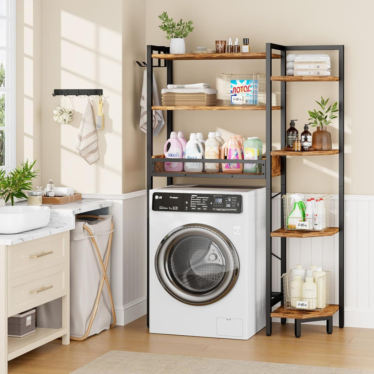 K1 Heavy Duty 7-Tier Over The Toilet Storage（With Basket and Paper Hook）Freestanding Above Toilet Shelf with Adjustable Feet，Space Saver Bathroom Shelves 9.3"D x 33.5"W x 63.8"H，Rustic Brown