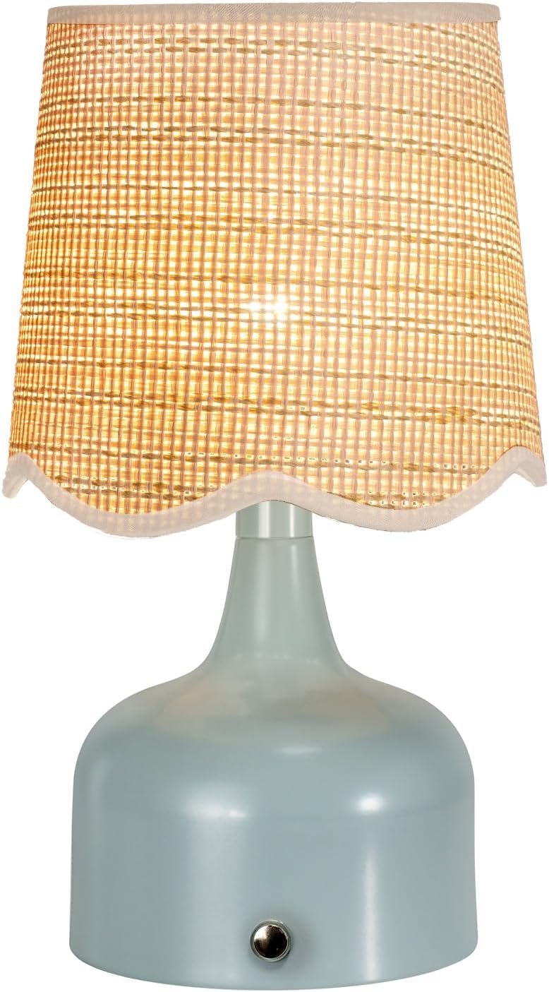 Cordless Boho Table Lamp Blue, Scalloped Wicker Shade, 5200-mAh Rechargeable Battery, 3-Way Dimmable, Build-in Integrated LED 320 Lumen Max, for Bedside Living Room