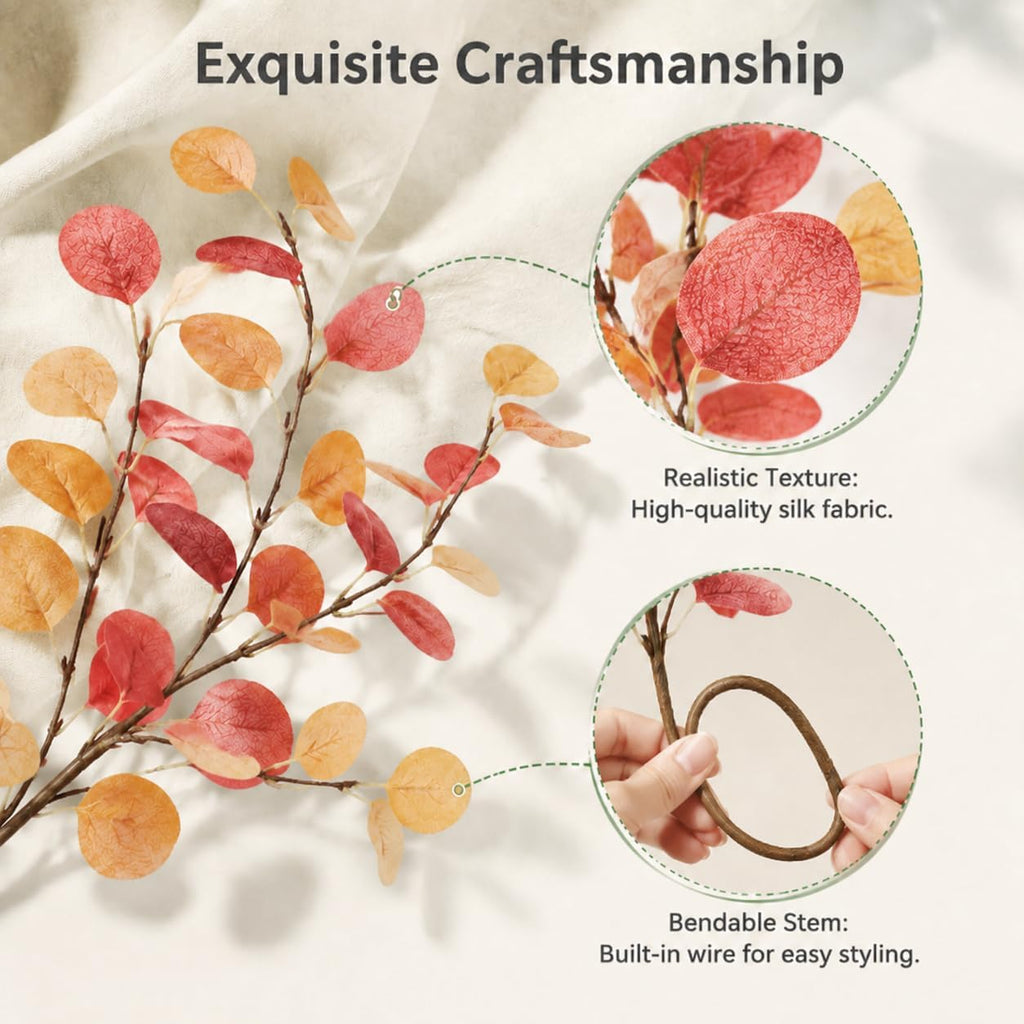 6pcs Eucalyptus Stems Fake Orange Red Autumn Leaves Artificial Silk Flowers Fall Decor Bouquet Faux Branches Centerpiece Flores Plants for Home Party Decor Wedding Decoration