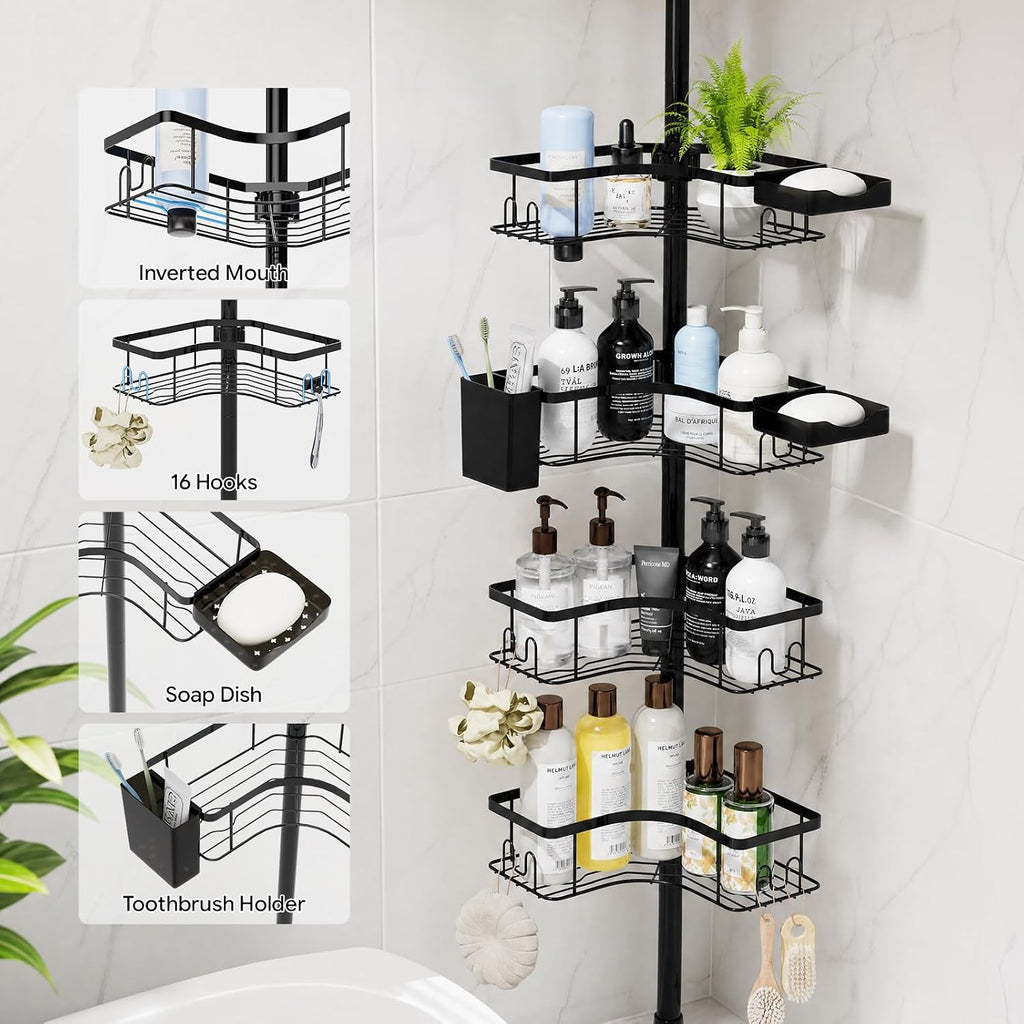 Corner Shower Caddy Tension Pole 4-Tier Rustproof Bathroom Organizer-Black