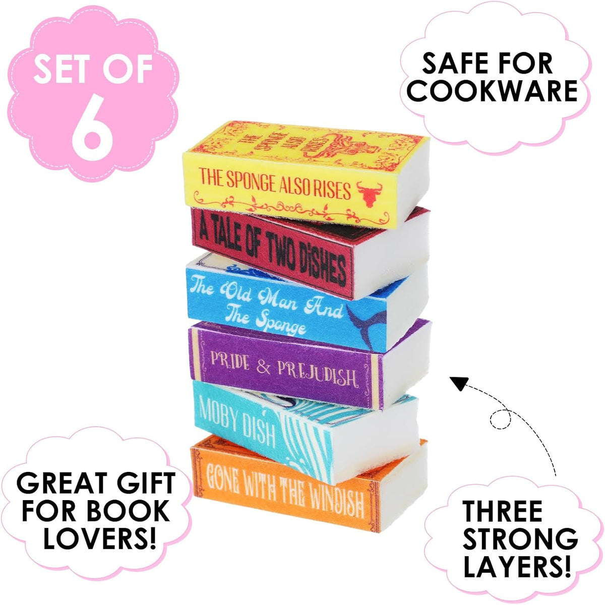 6 Pcs Book Sponges Non-Scratch Novel Design for Dishes Pots