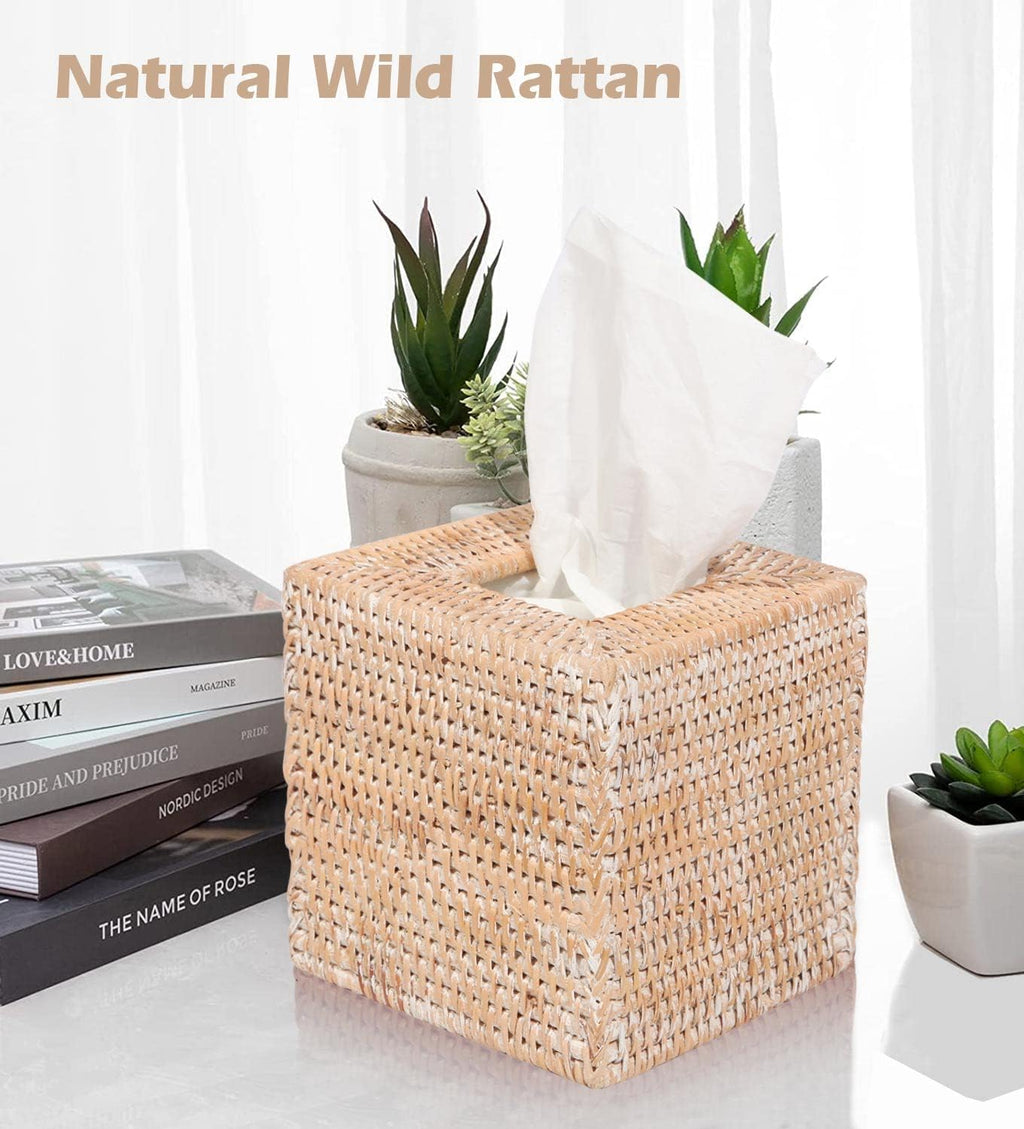Livelab Rattan Tissue Box Cover Square, Hand Woven Natural Wicker Tissue Box Holder Organizer Farmhouse Country Decor 5.5"X5.5"X5.7" Whitewash