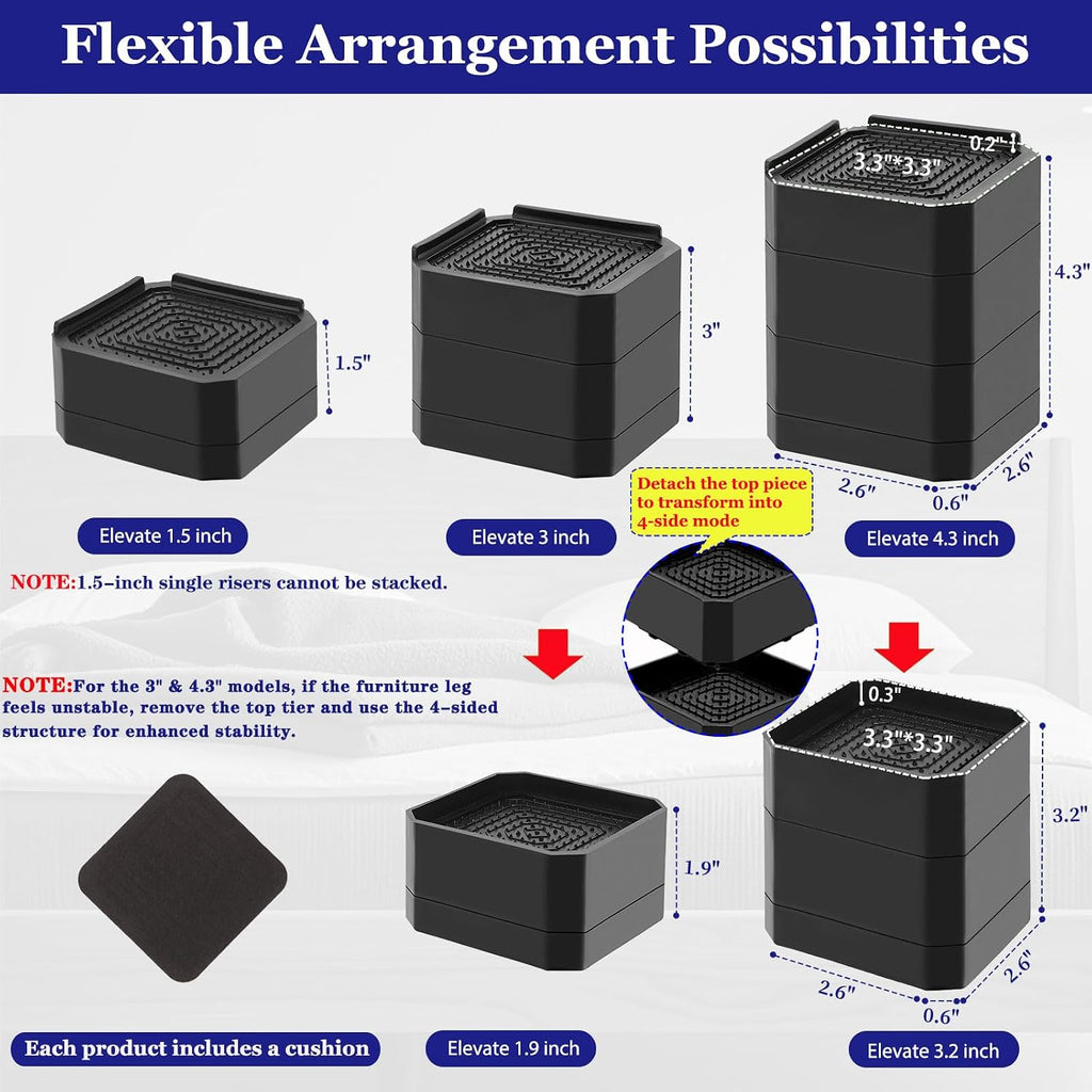 Bed Risers Heavy Duty, Adjustable Furniture Riser Blocks Lift 1.5, 3, 4.3 inches for Couch Table Desk Sofa Chair Legs, Refrigerator, Washing Machine - Support up to 4000 lbs (Black 6 Pack, 1.5 inch)