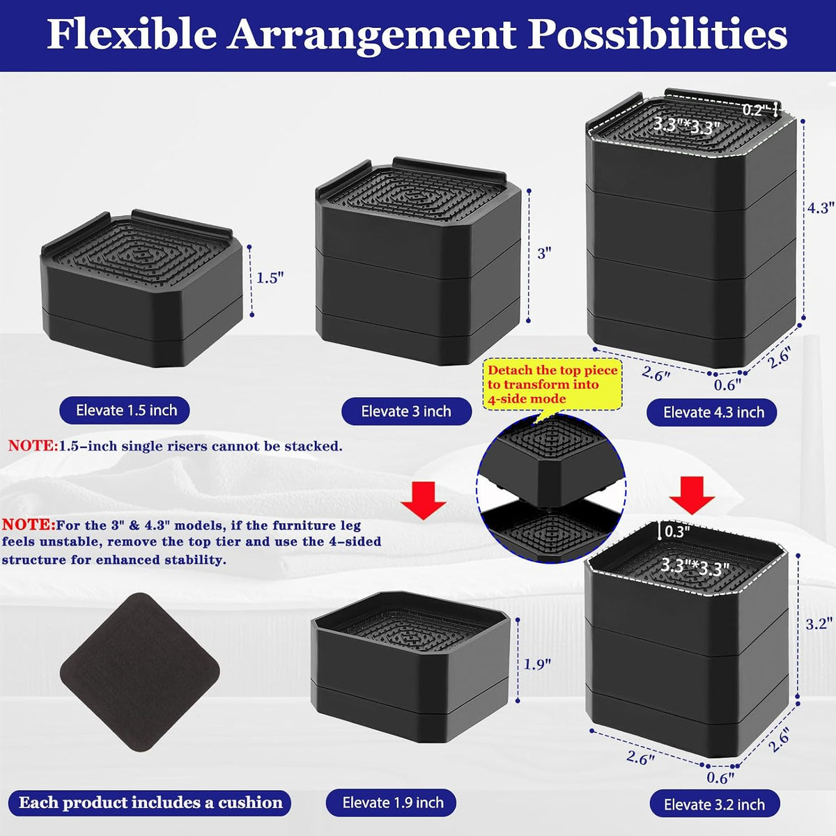 Bed Risers Heavy Duty, Adjustable Furniture Riser Blocks Lift 1.5, 3, 4.3 inches for Couch Table Desk Sofa Chair Legs, Refrigerator, Washing Machine - Support up to 4000 lbs (Black 6 Pack, 1.5 inch)